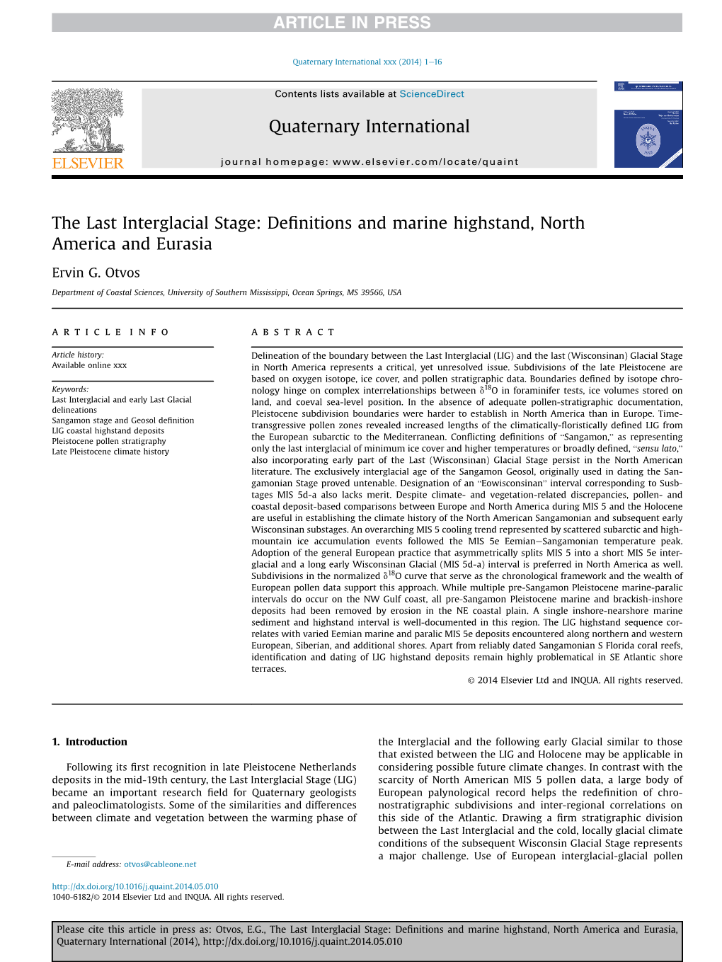 The Last Interglacial Stage: Definitions and Marine Highstand, North