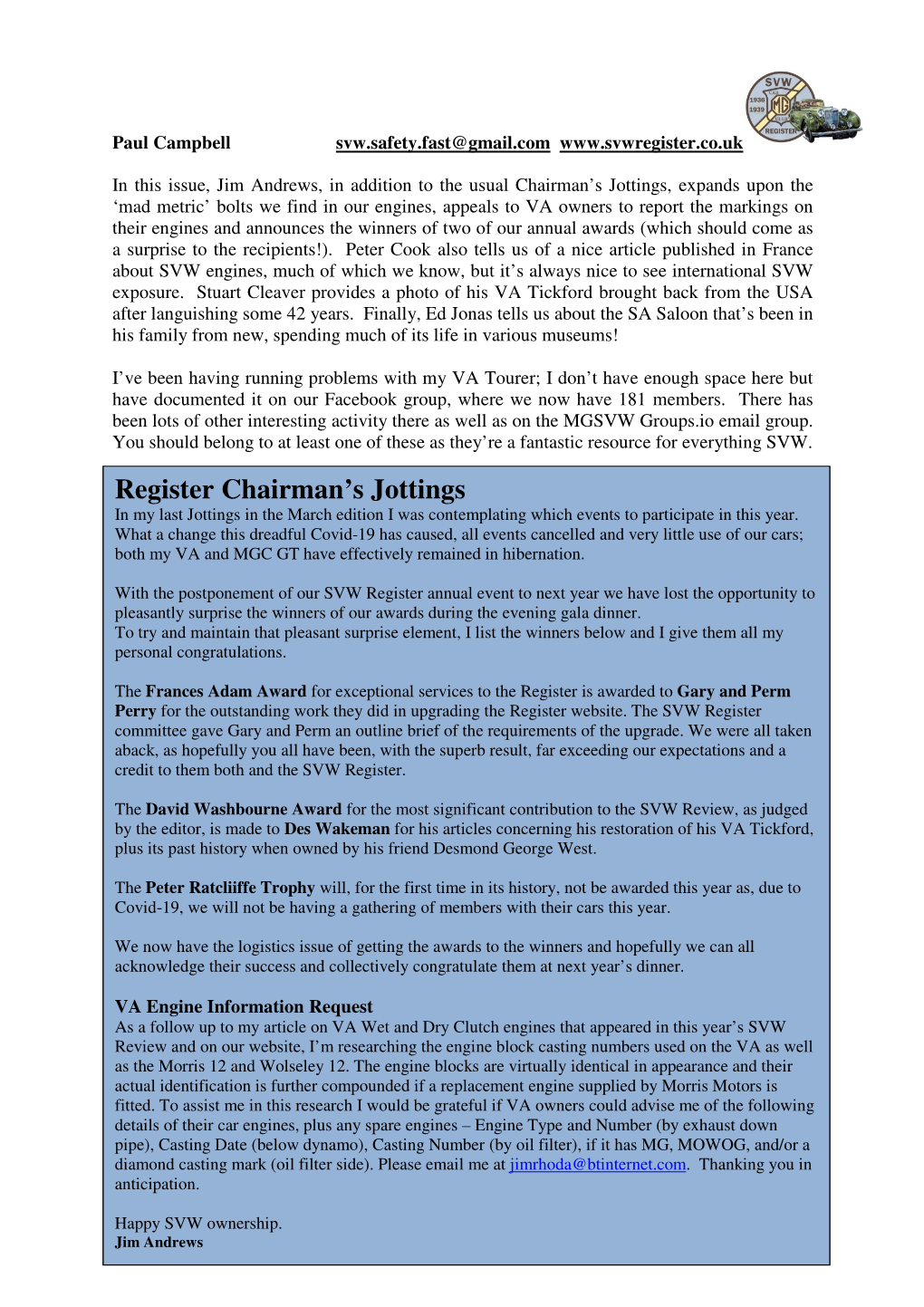 Register Chairman's Jottings