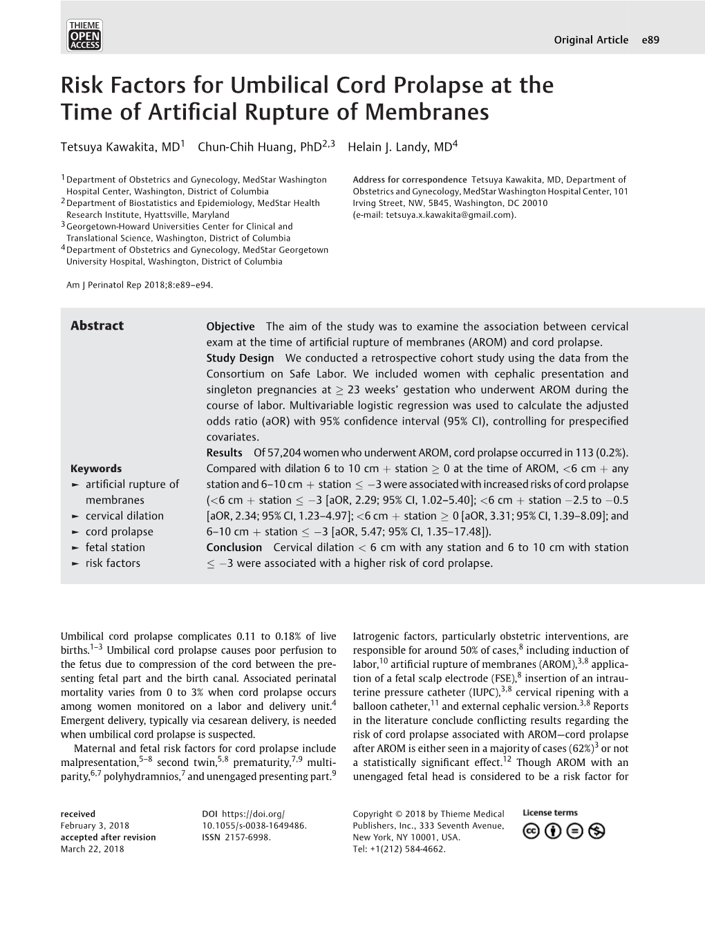 Risk Factors for Umbilical Cord Prolapse at the Time of Artificial