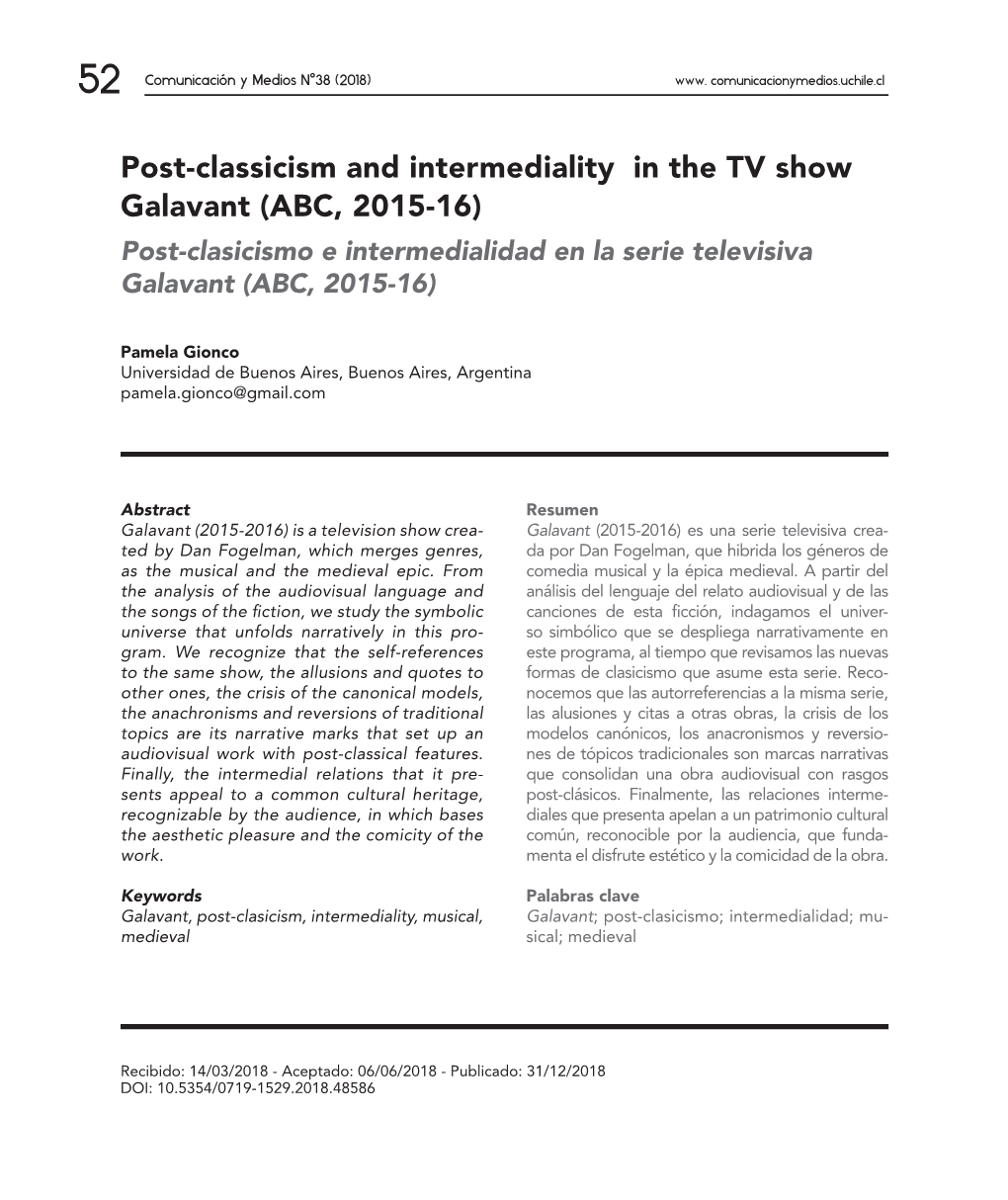 Post-Classicism and Intermediality in the TV Show Galavant (ABC, 2015-16) Post-Clasicismo E Intermedialidad En La Serie Televisiva Galavant (ABC, 2015-16)