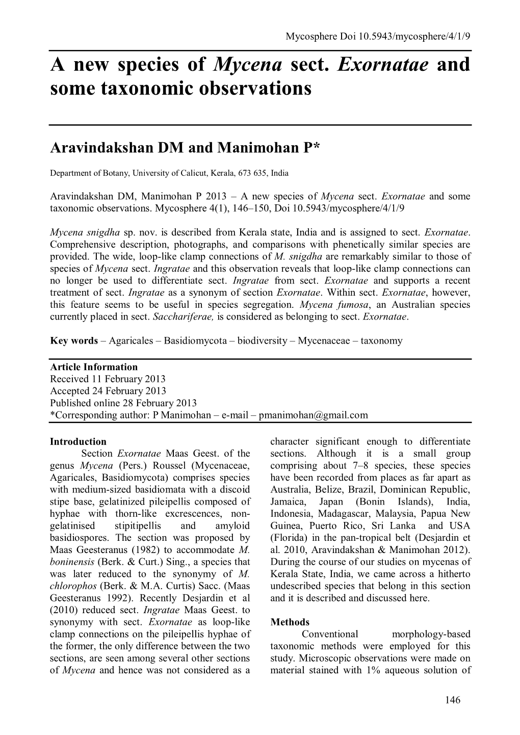 A New Species of Mycena Sect. Exornatae and Some Taxonomic Observations