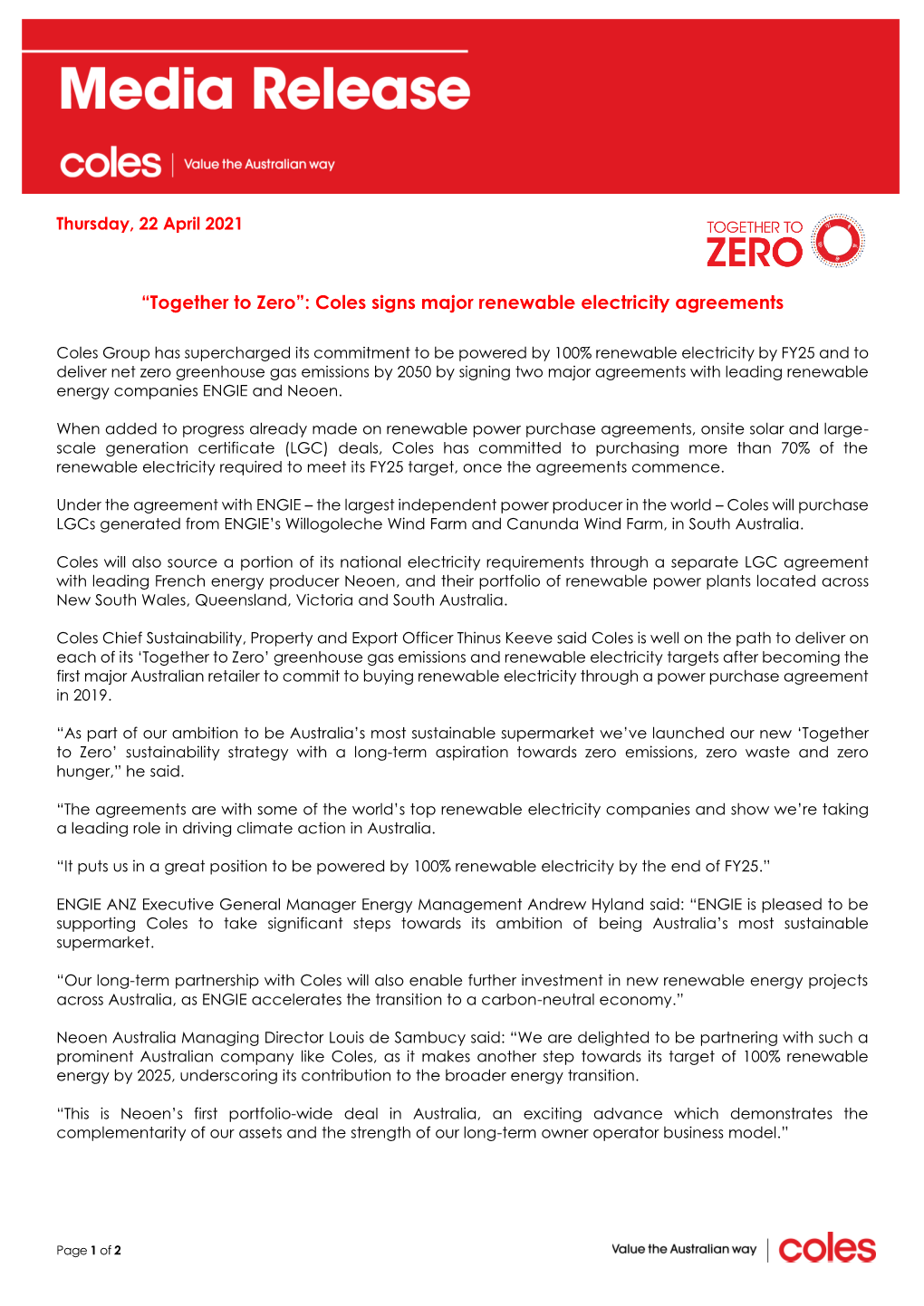 “Together to Zero”: Coles Signs Major Renewable Electricity Agreements
