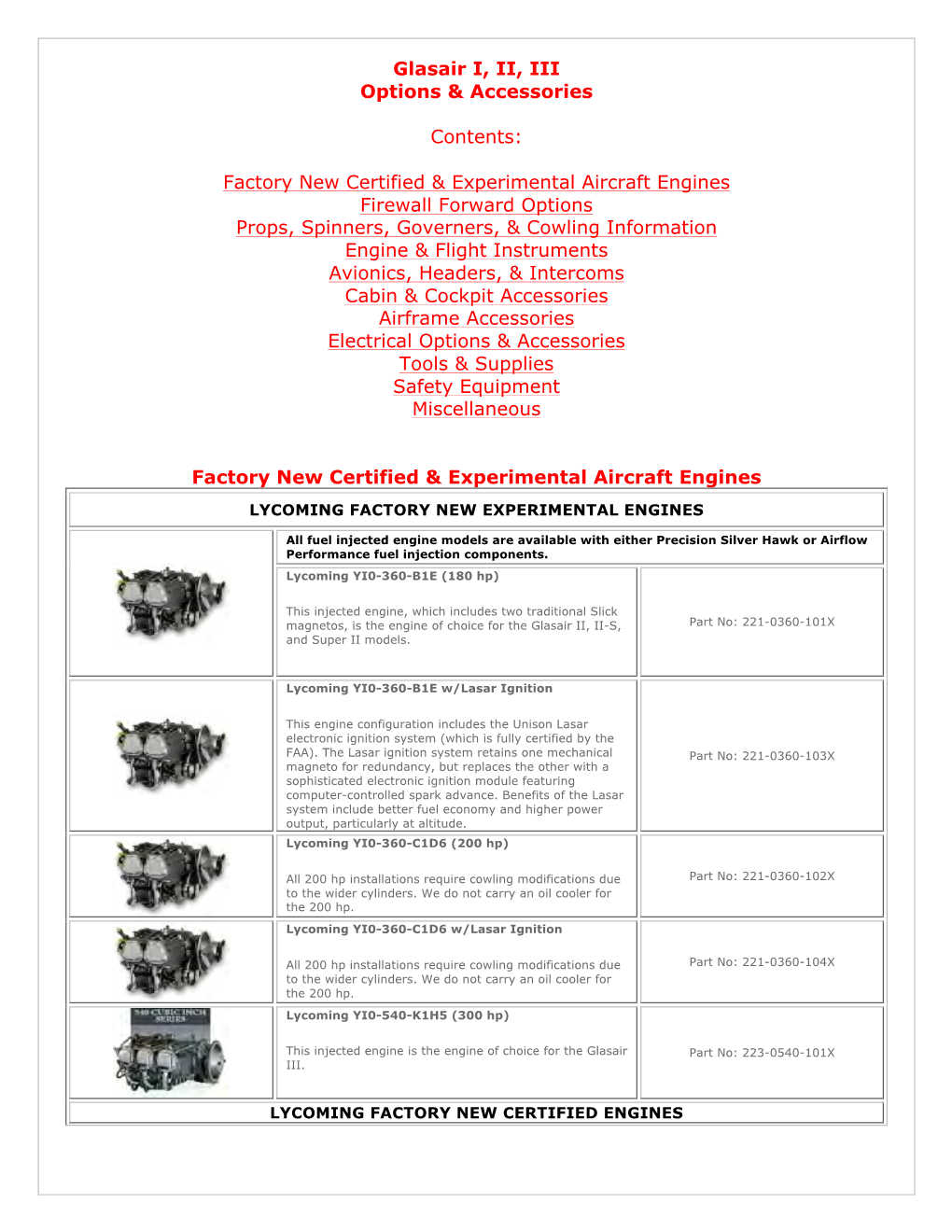 Glasair I, II, III Options & Accessories Contents: Factory