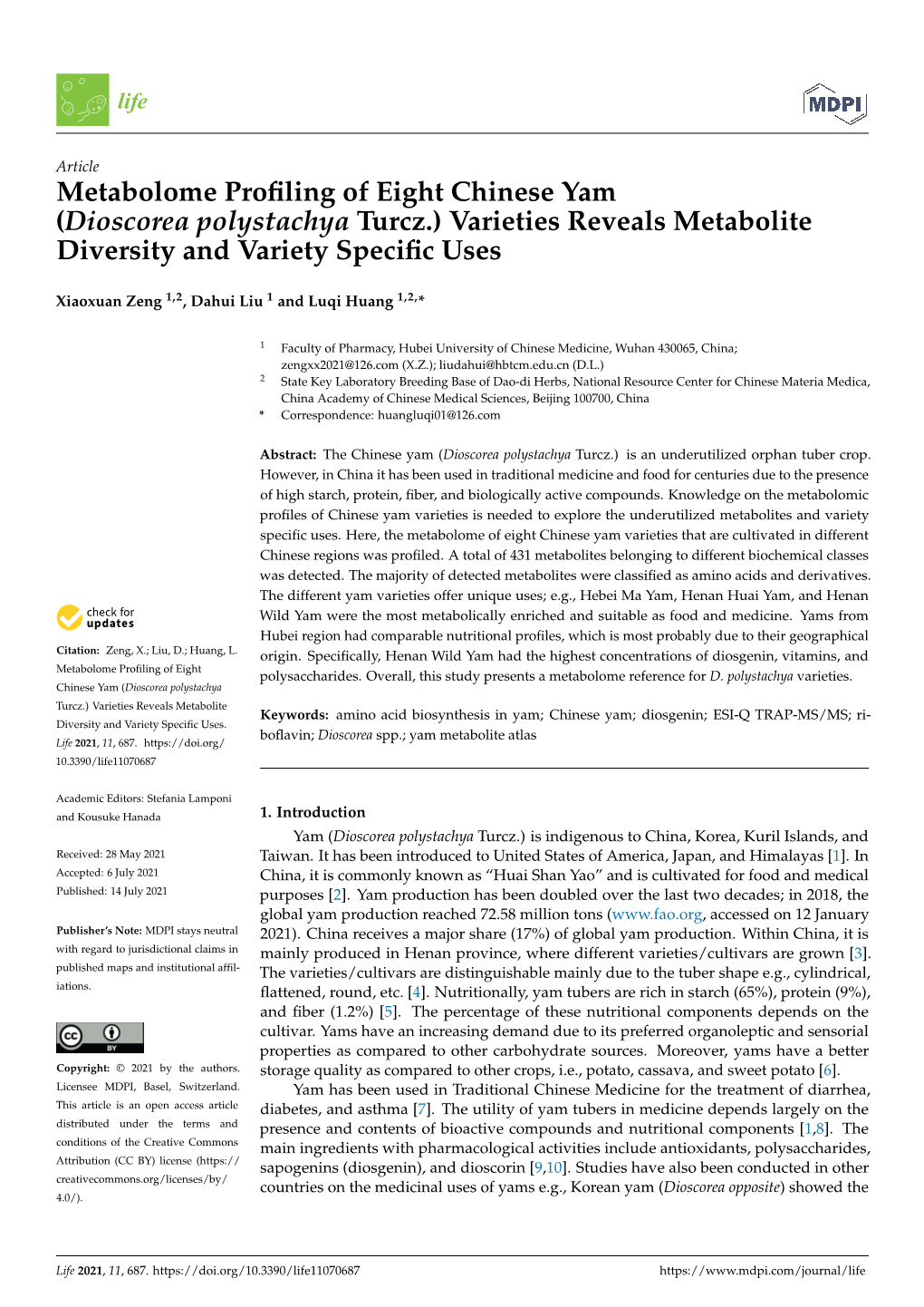 Metabolome Profiling of Eight Chinese Yam (Dioscorea