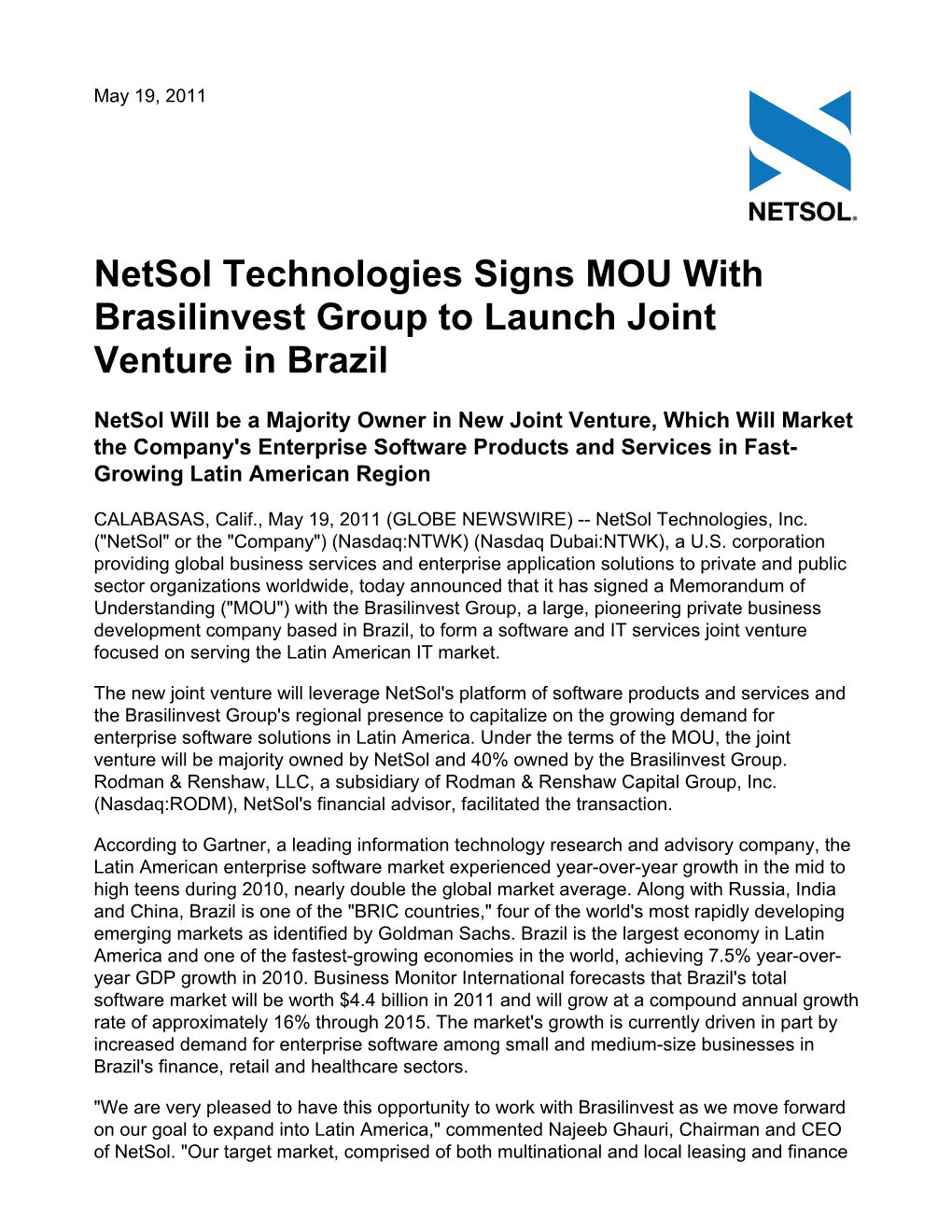 Netsol Technologies Signs MOU with Brasilinvest Group to Launch Joint Venture in Brazil