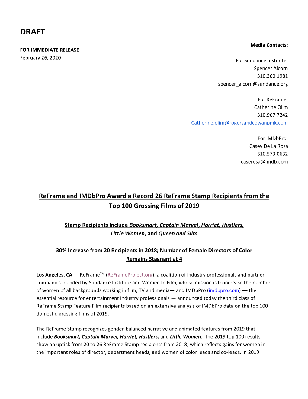 Reframe and Imdbpro Award a Record 26 Reframe Stamp Recipients from the Top 100 Grossing Films of 2019