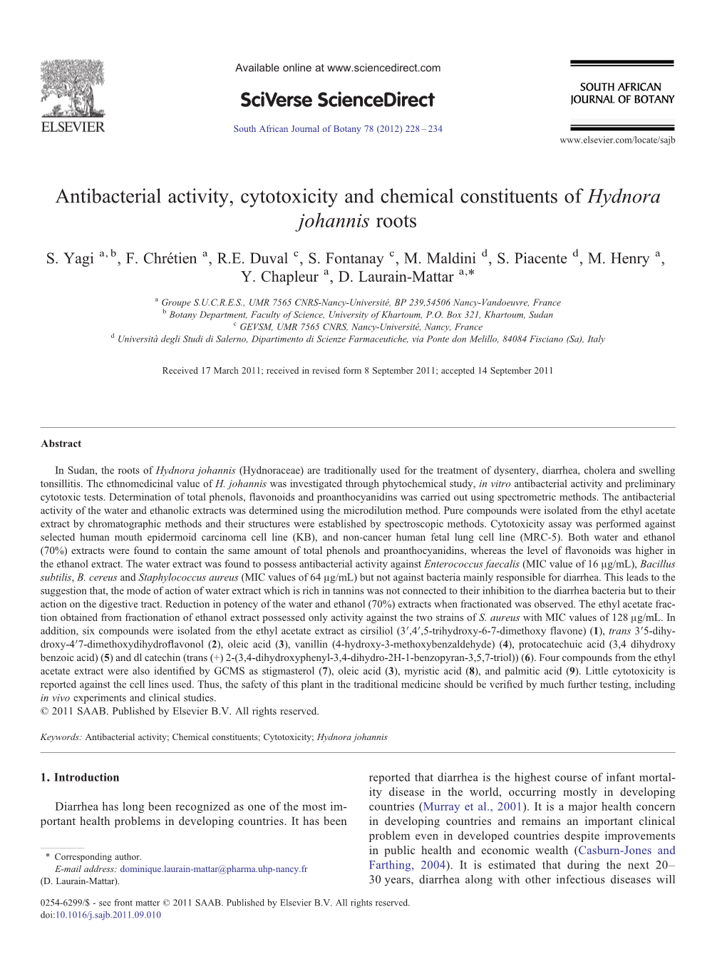 Antibacterial Activity, Cytotoxicity and Chemical Constituents of Hydnora Johannis Roots