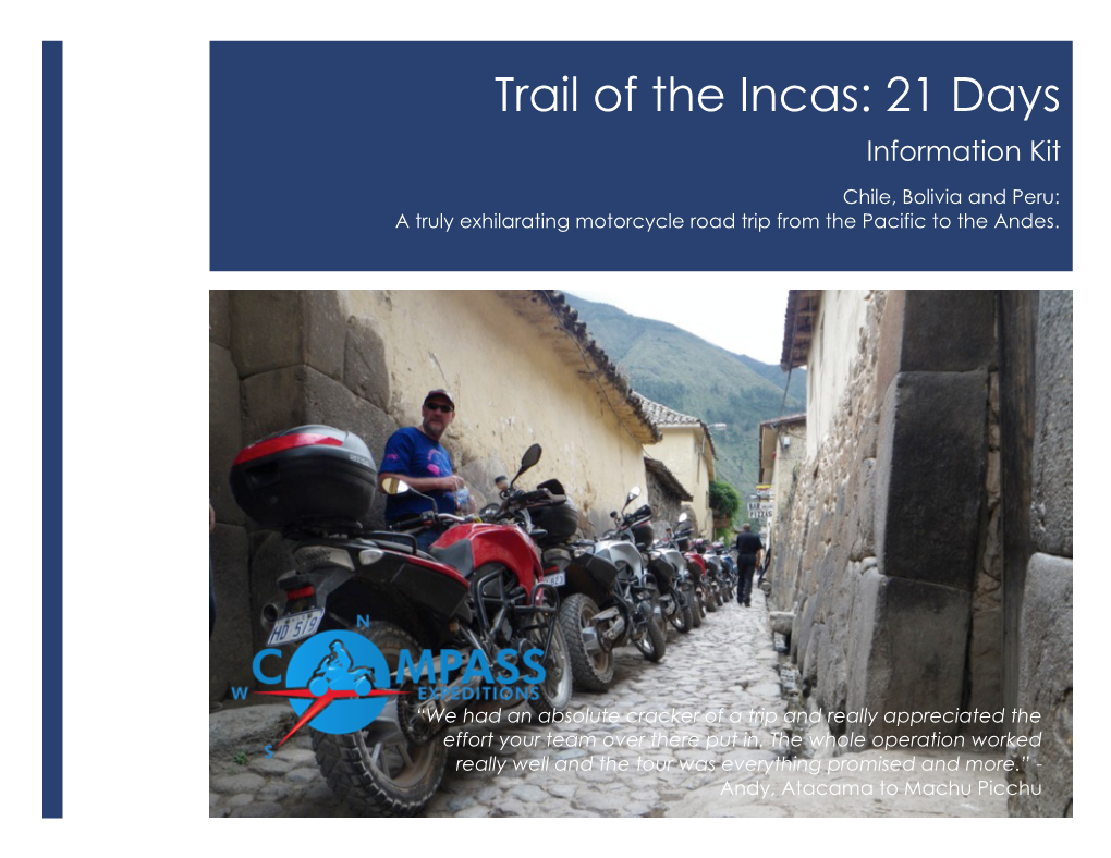 Trail of the Incas: 21 Days Information Kit
