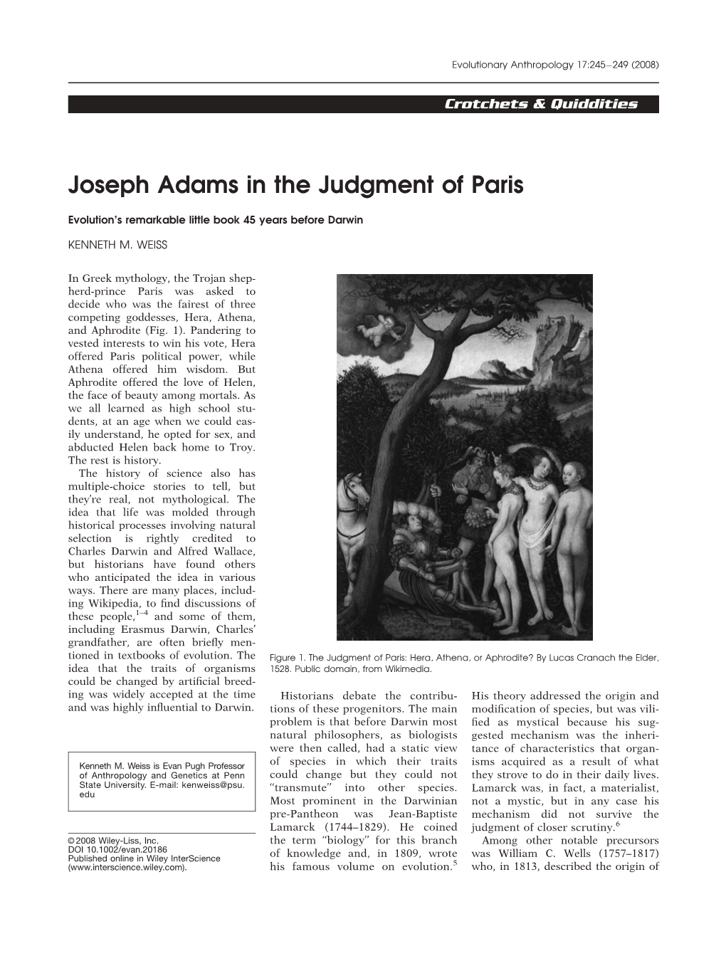Joseph Adams in the Judgment of Paris