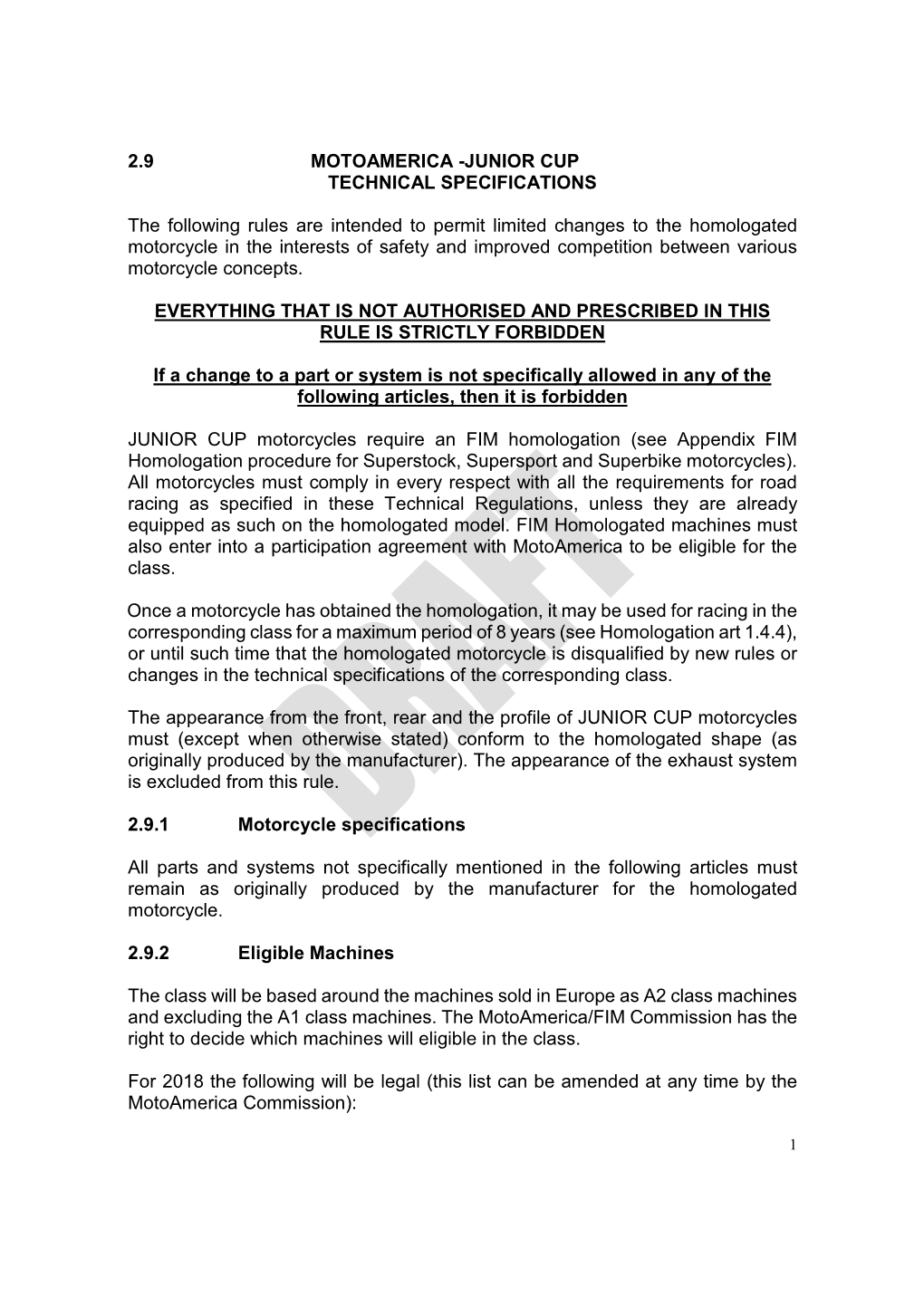 Junior Cup Technical Specifications