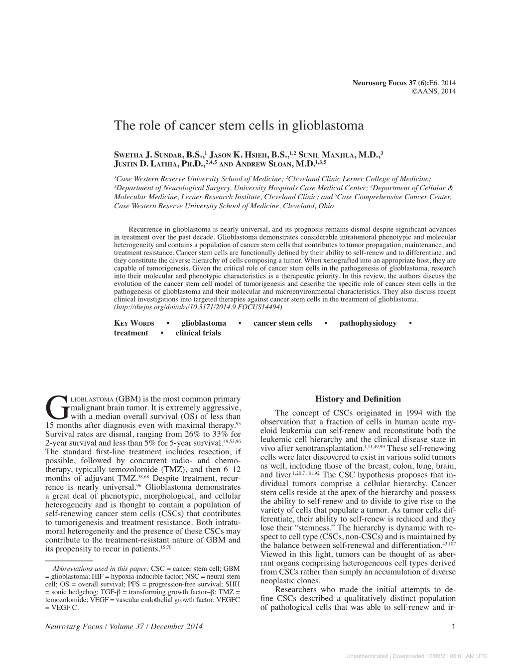 The Role of Cancer Stem Cells in Glioblastoma