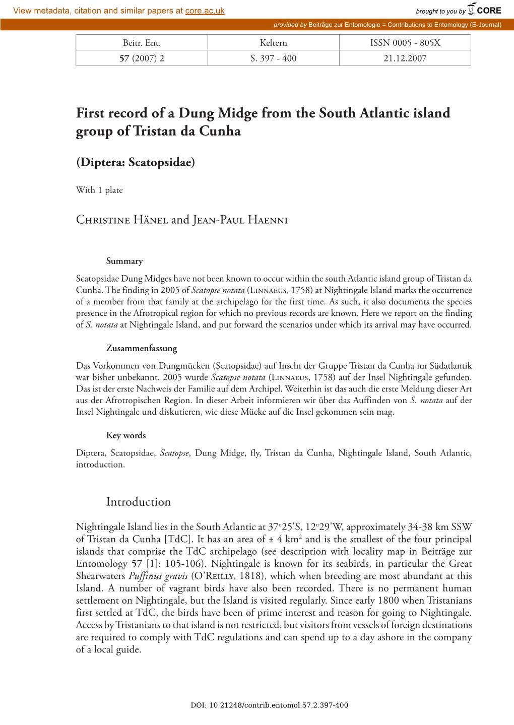 First Record of a Dung Midge from the South Atlantic Island Group of Tristan Da Cunha