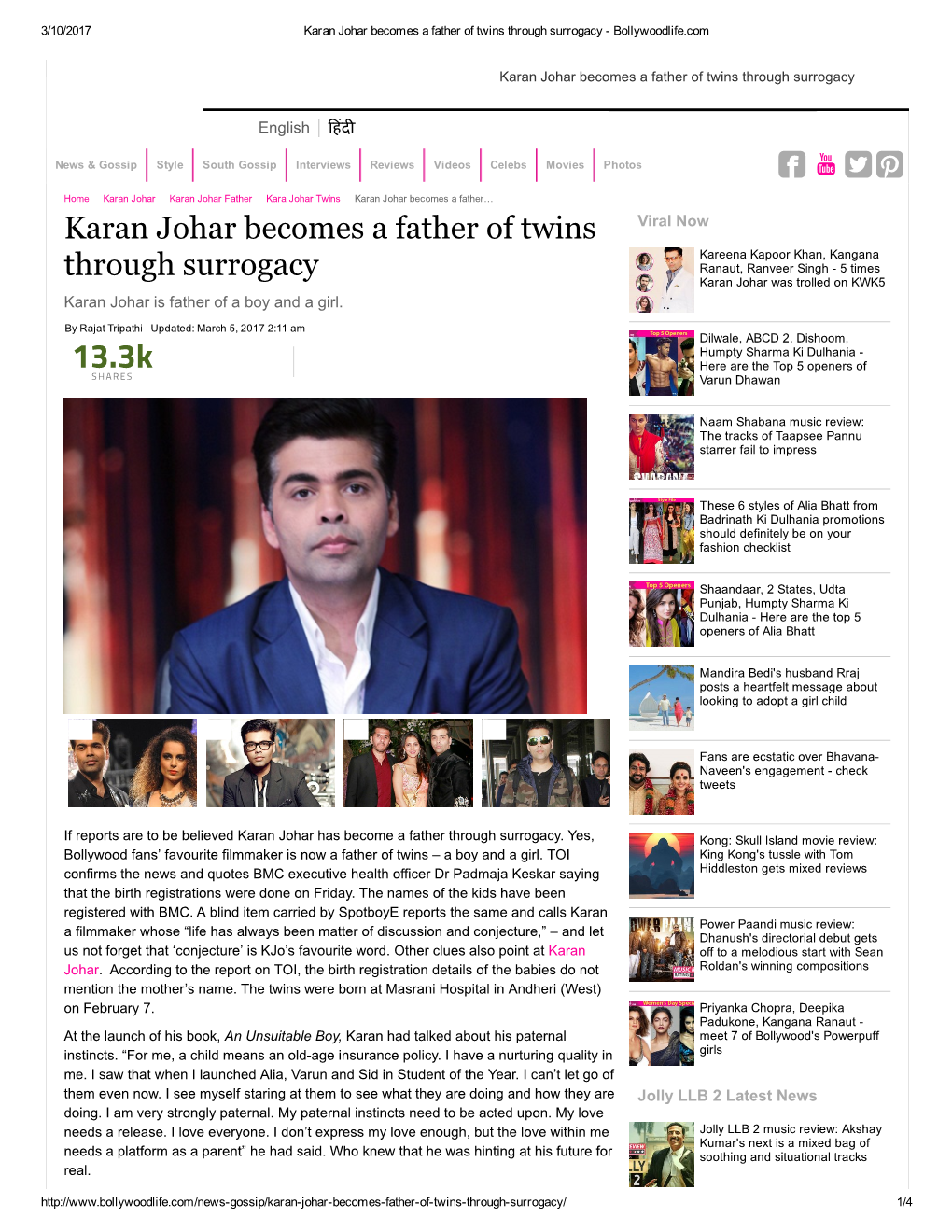 Karan Johar Becomes a Father of Twins Through Surrogacy ­ Bollywoodlife.Com