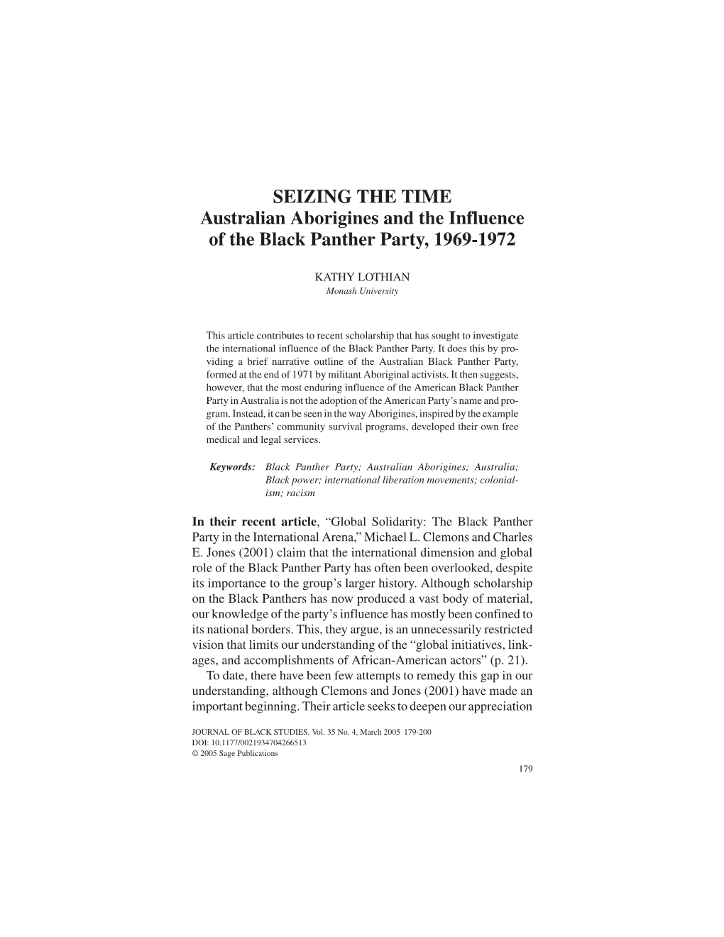 SEIZING the TIME Australian Aborigines and the Influence of the Black Panther Party, 1969-1972