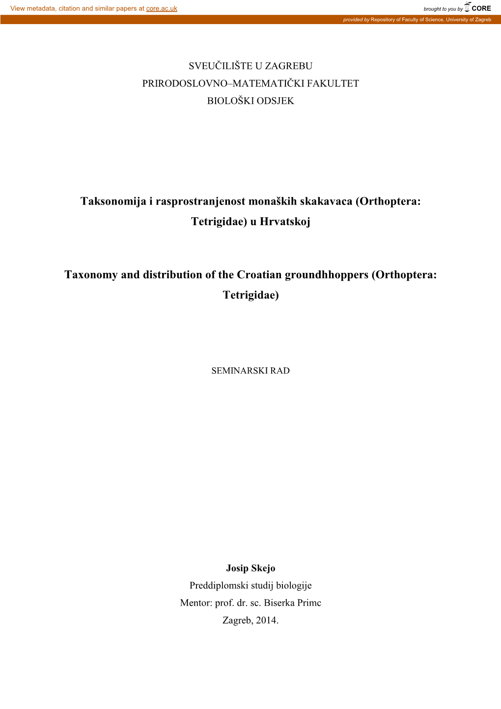 Sveučilište U Zagrebu Prirodoslovno–Matematički Fakultet Biološki Odsjek