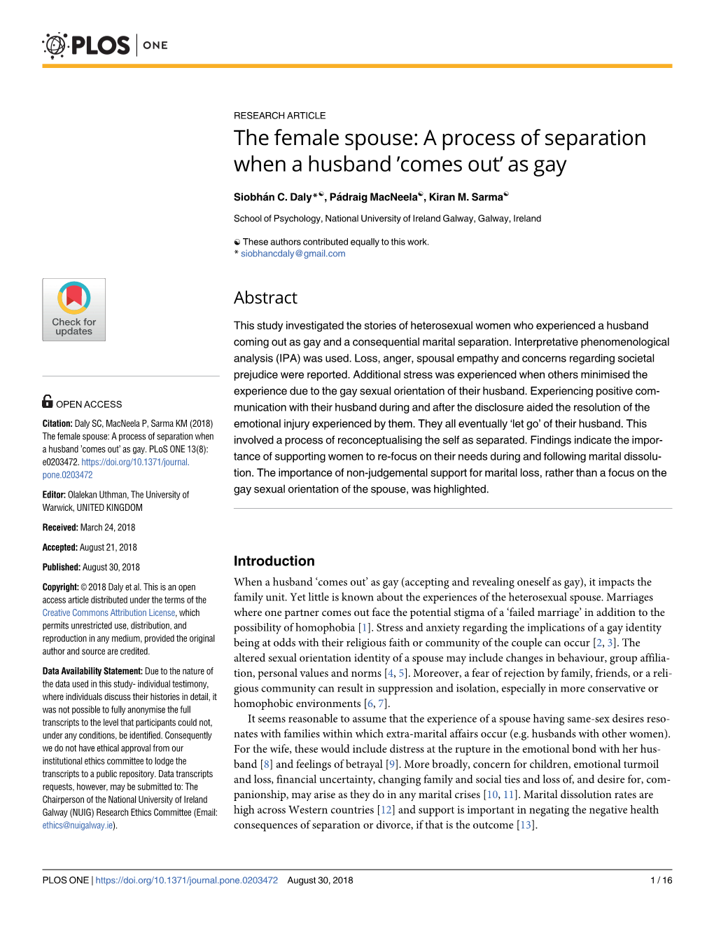 The Female Spouse: a Process of Separation When a Husband ’Comes Out’ As Gay