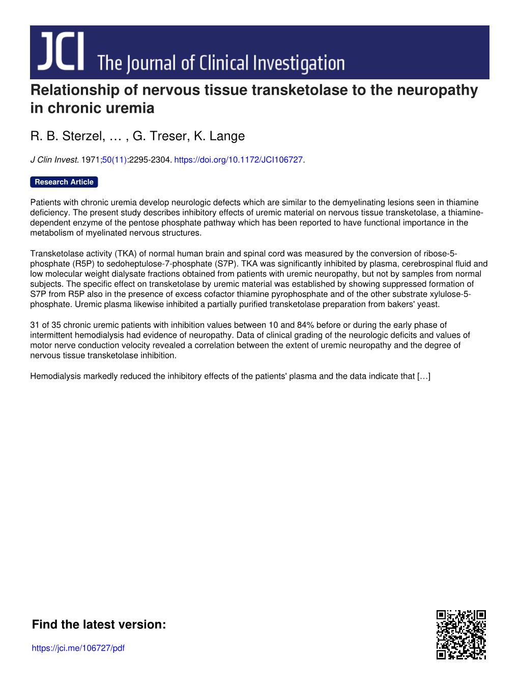 Relationship of Nervous Tissue Transketolase to the Neuropathy in Chronic Uremia