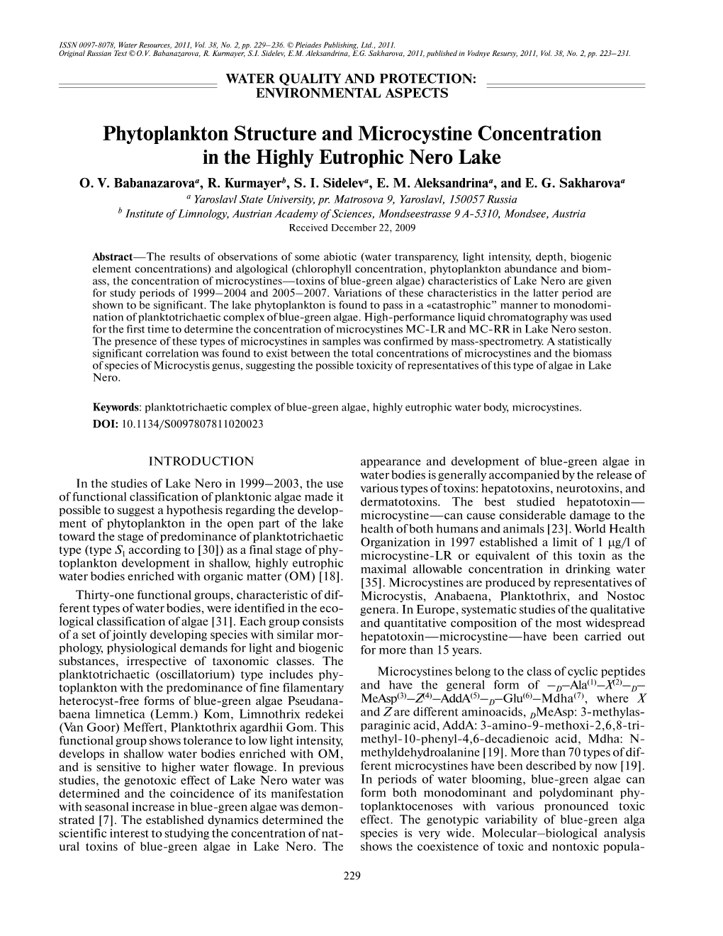 Phytoplankton Structure and Microcystine Concentration in the Highly Eutrophic Nero Lake O