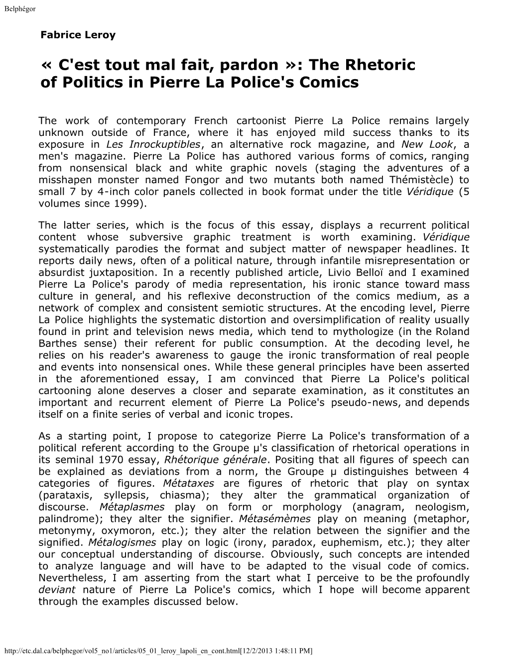 C'est Tout Mal Fait, Pardon »: the Rhetoric of Politics in Pierre La Police's Comics