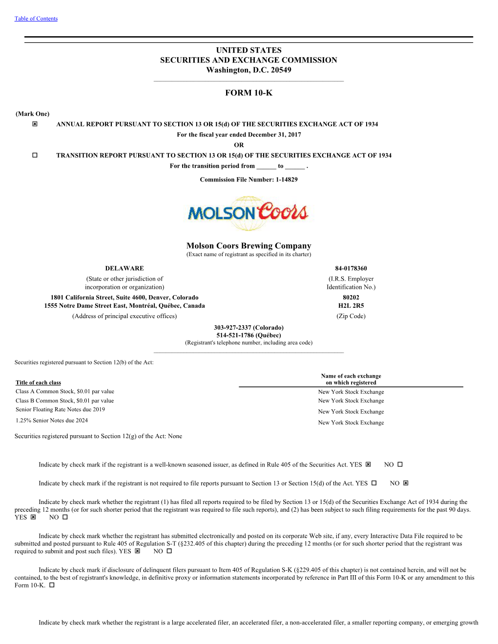 FORM 10-K Molson Coors Brewing Company