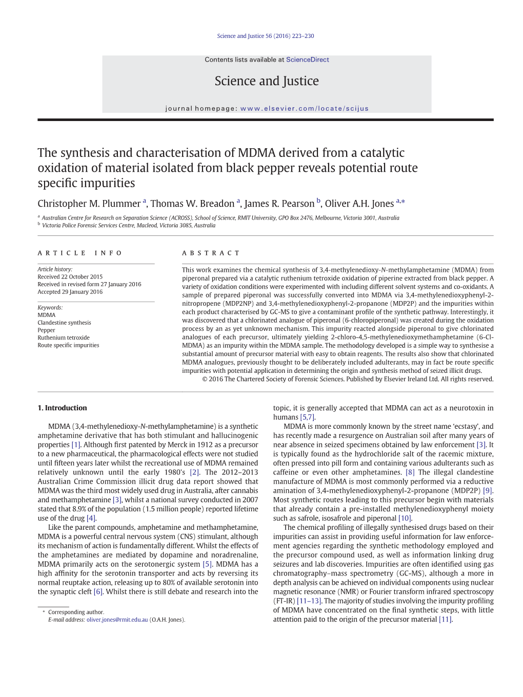 The Synthesis and Characterisation of MDMA Derived from a Catalytic Oxidation of Material Isolated from Black Pepper Reveals Potential Route Speciﬁc Impurities