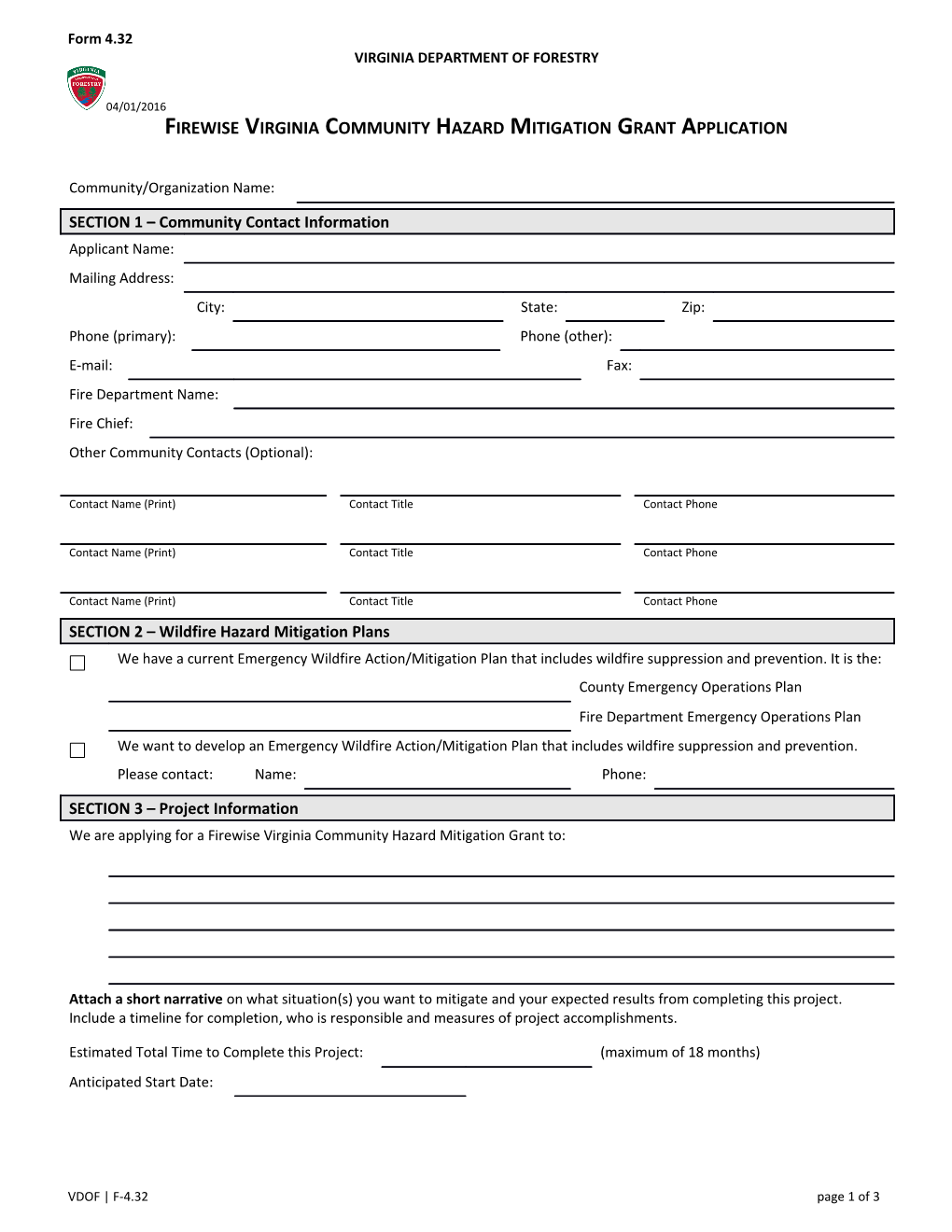 Form 4.32 Firewise Virginia Community Hazard Mitigation Grant Application