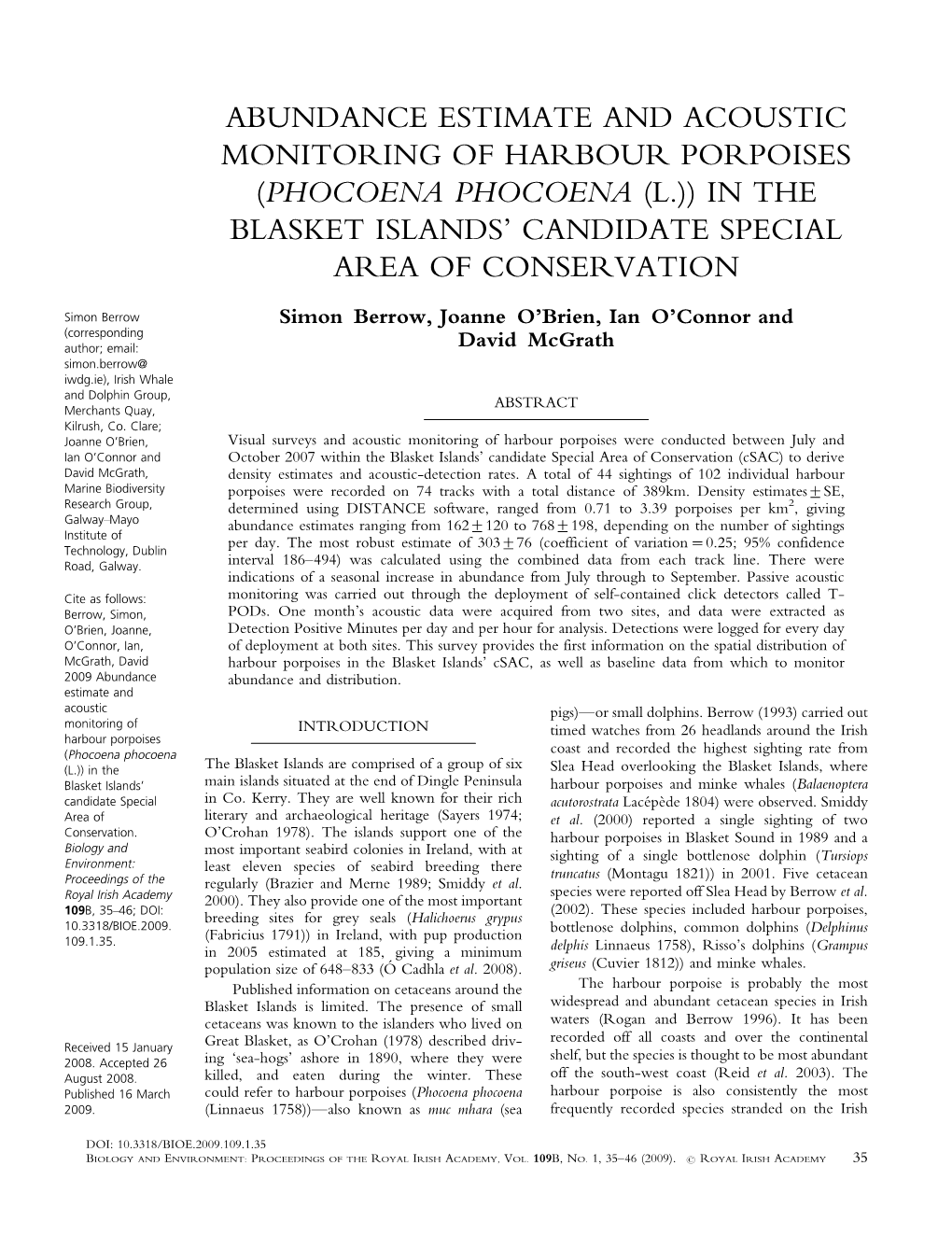 Abundance Estimate and Acoustic Monitoring of Harbour Porpoises (Phocoena Phocoena (L.)) in the Blasket Islands’ Candidate Special Area of Conservation