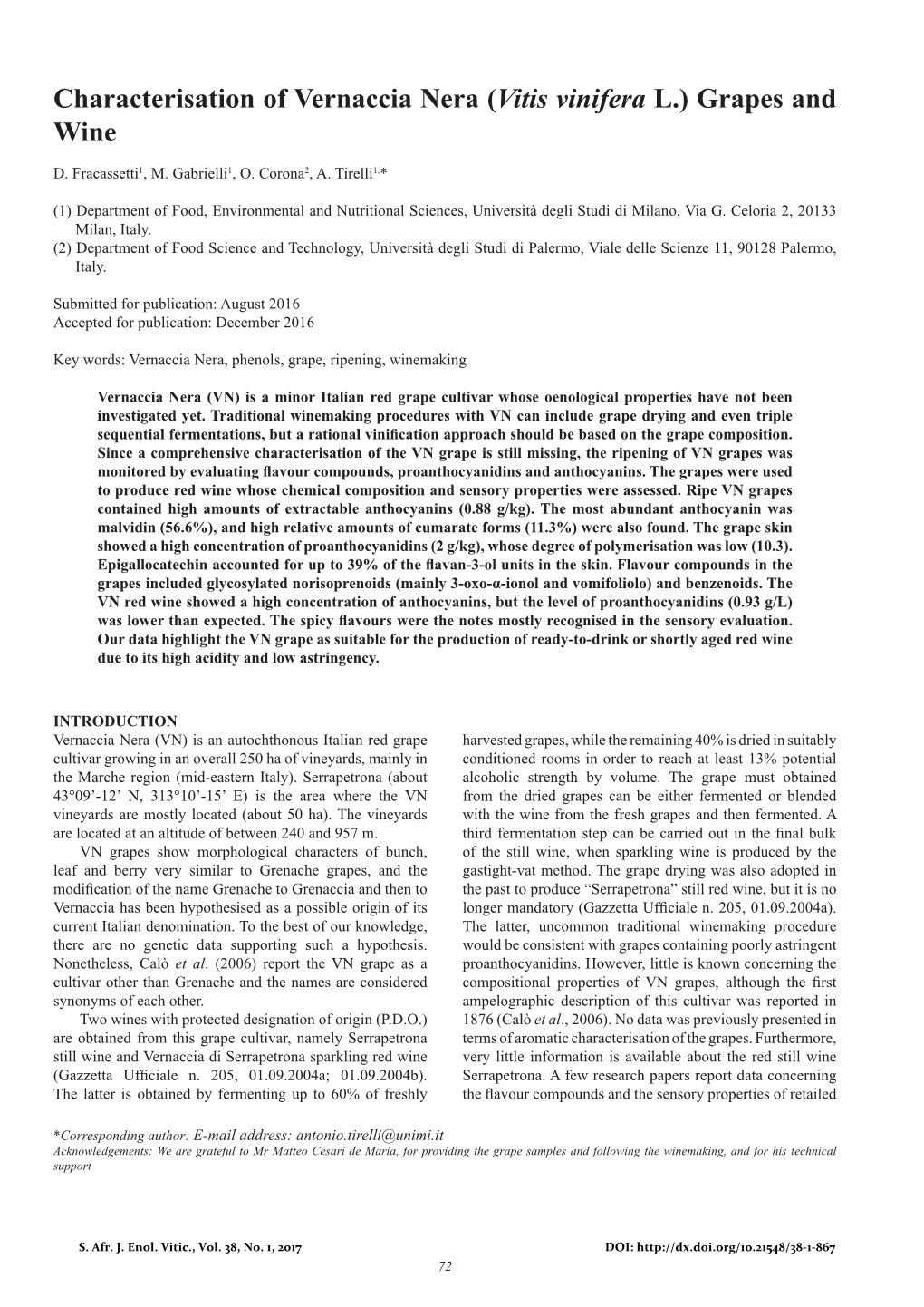 Characterisation of Vernaccia Nera (Vitis Vinifera L.) Grapes and Wine