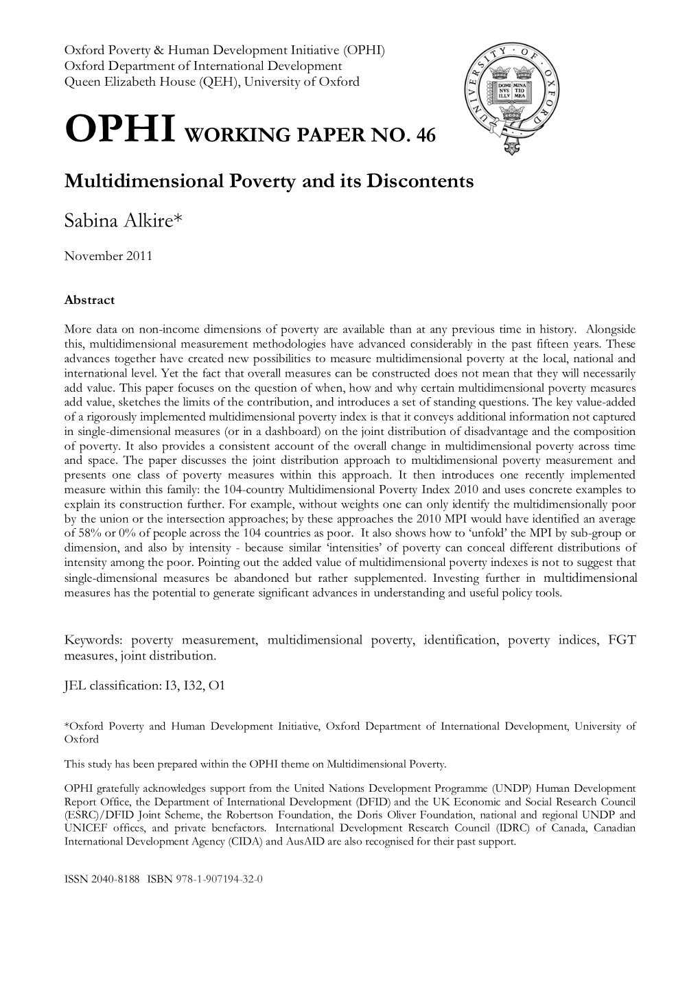 OPHIWORKING PAPER NO. 46 Multidimensional Poverty and Its