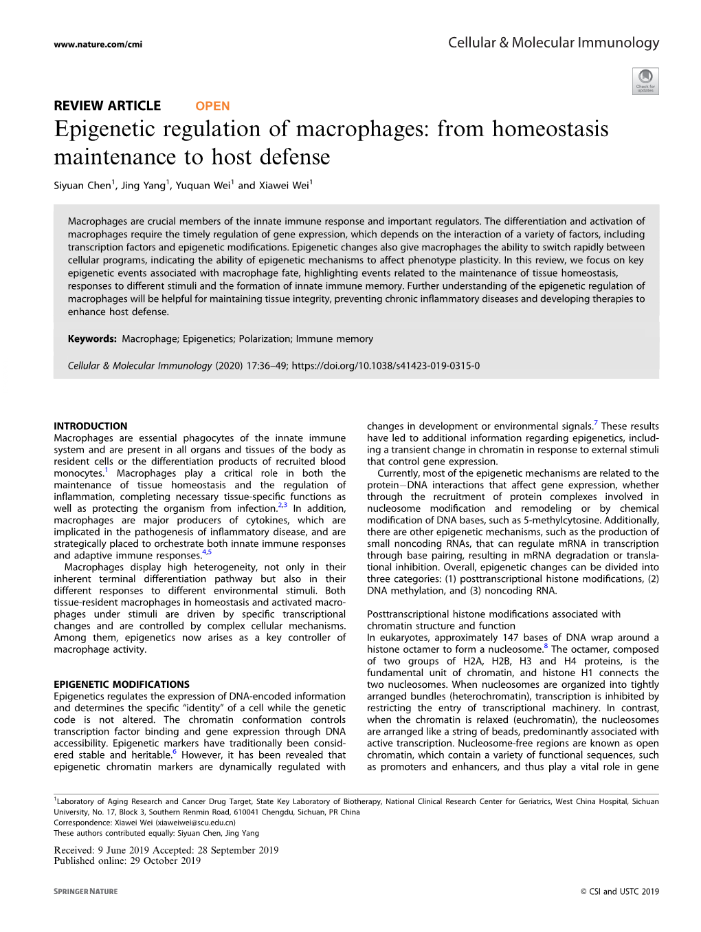 Epigenetic Regulation of Macrophages: from Homeostasis Maintenance to Host Defense