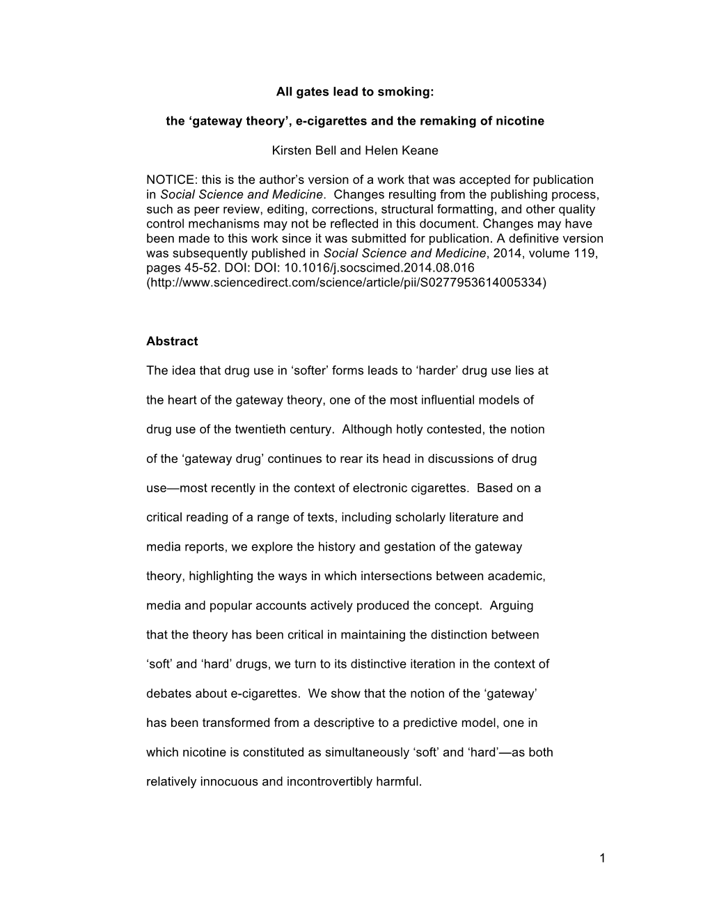 The 'Gateway Theory', E-Cigarettes and the Remaking of Nicotine