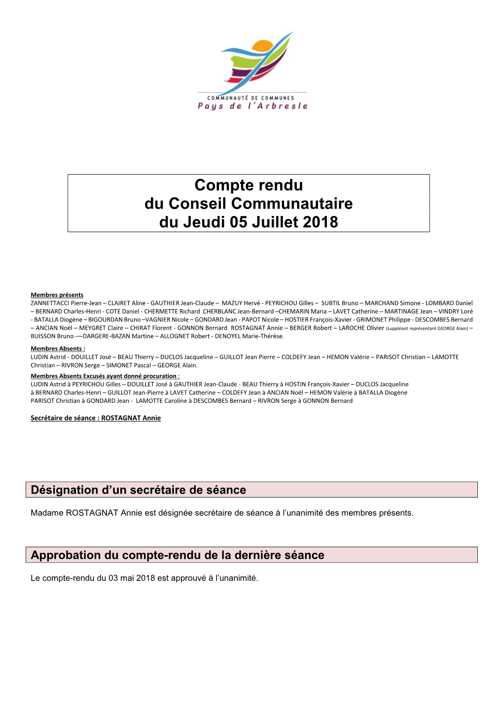 Compte Rendu Du Conseil Communautaire Du Jeudi 05 Juillet 2018
