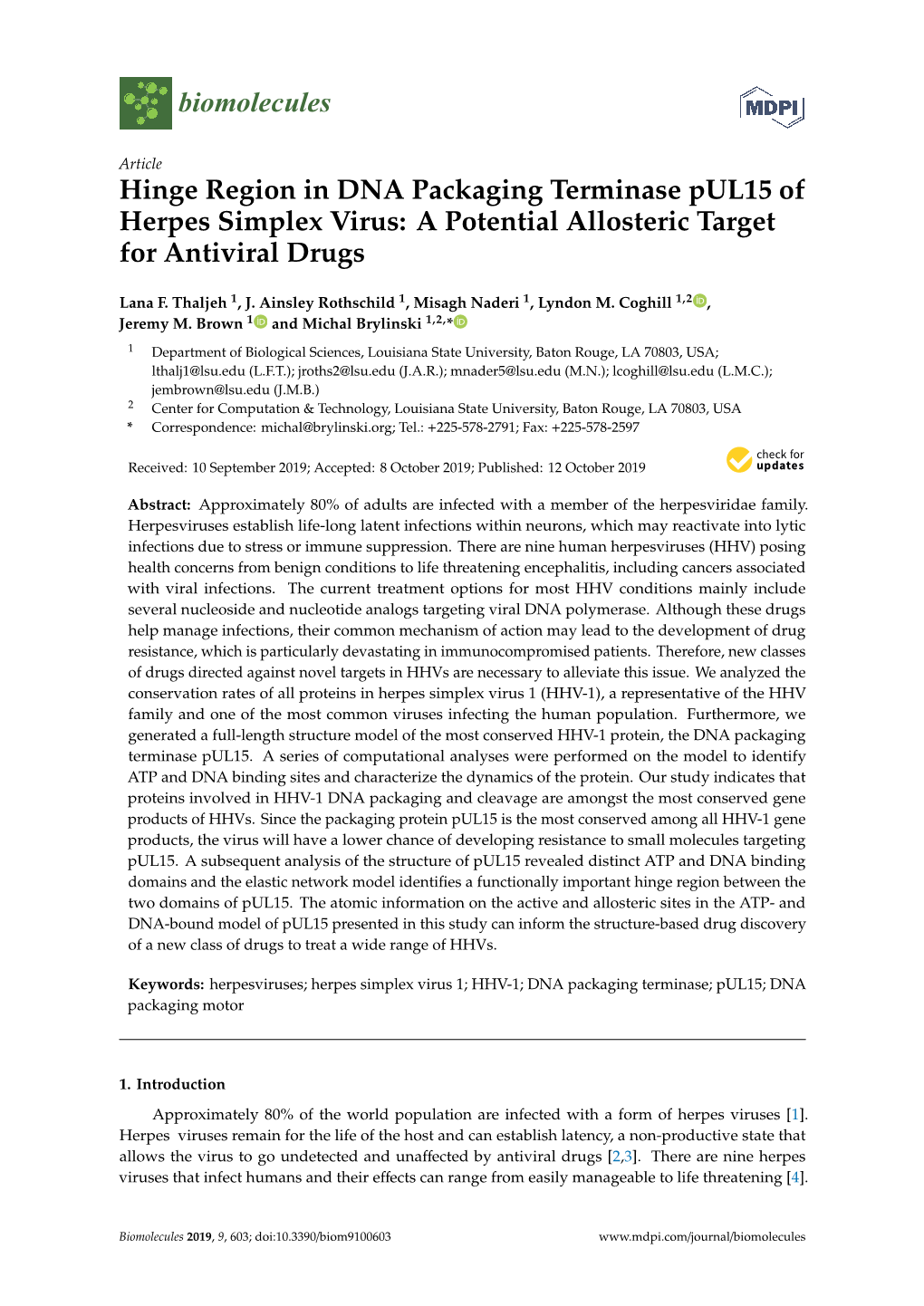 Hinge Region in DNA Packaging Terminase Pul15 of Herpes Simplex Virus: a Potential Allosteric Target for Antiviral Drugs