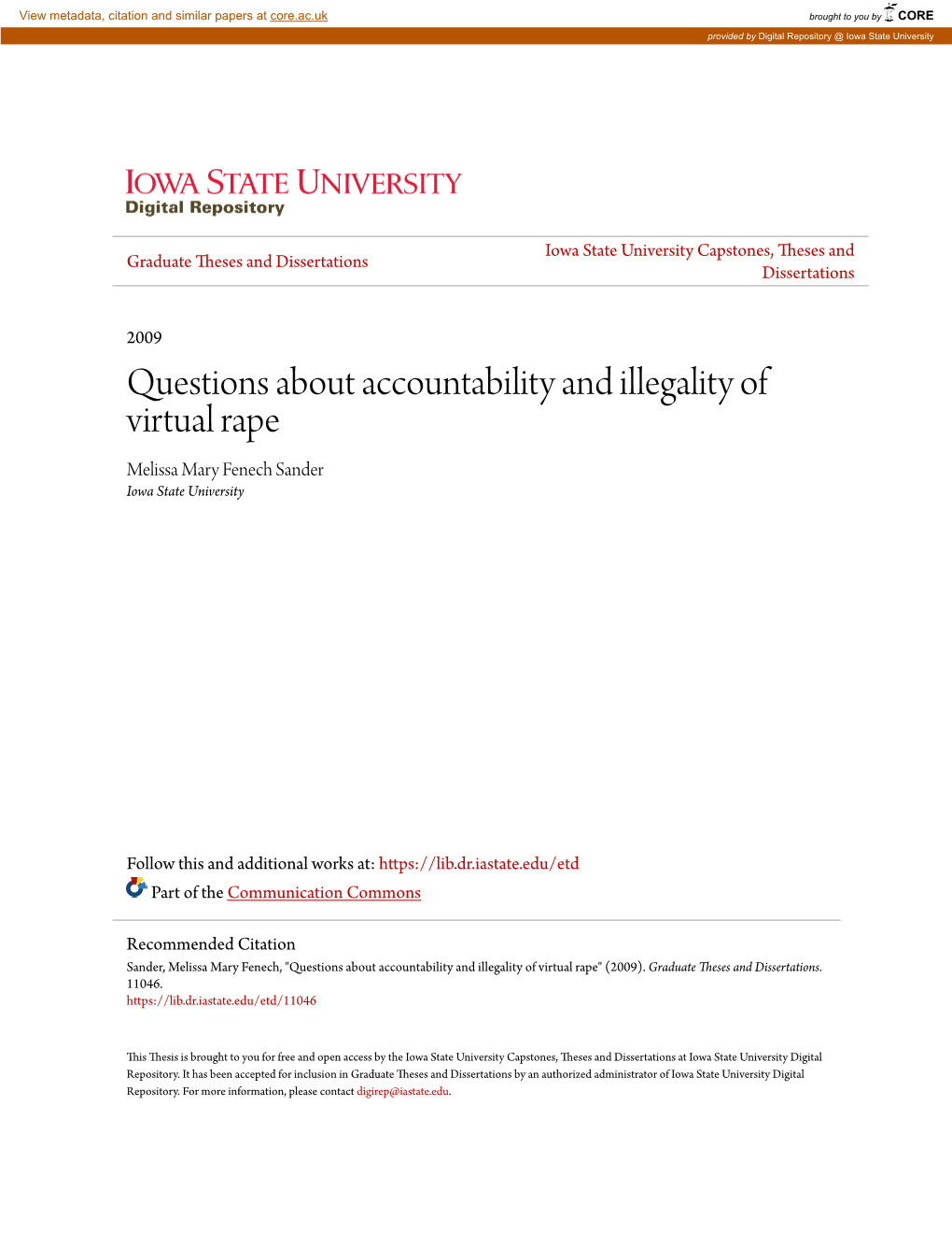 Questions About Accountability and Illegality of Virtual Rape Melissa Mary Fenech Sander Iowa State University