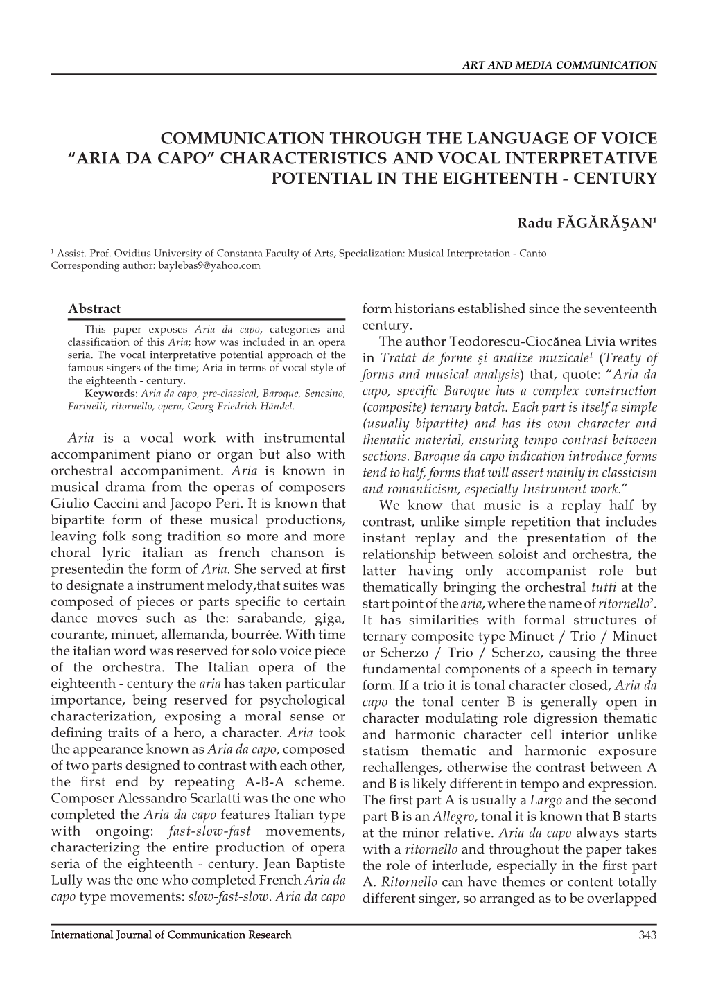 Communication Through the Language of Voice “Aria Da Capo” Characteristics and Vocal Interpretative Potential in the Eighteenth - Century