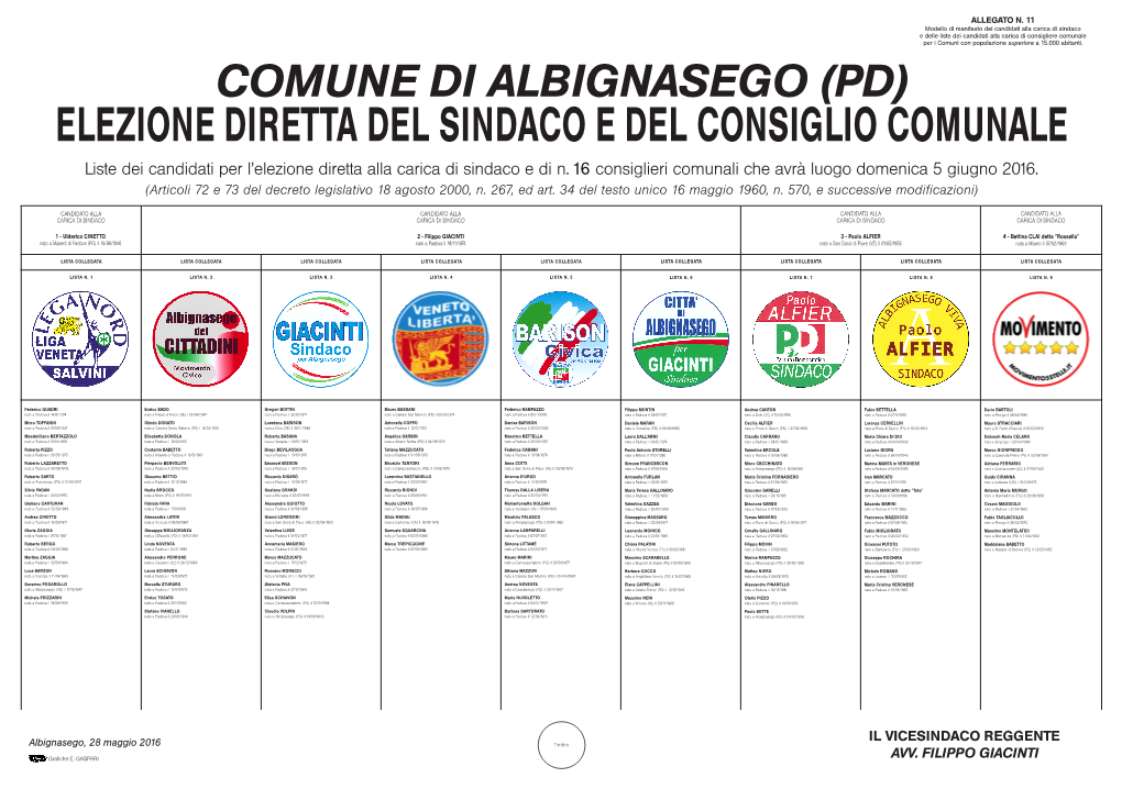 Liste Dei Candidati Per L'elezione Diretta Alla Carica Di Sindaco E Di N