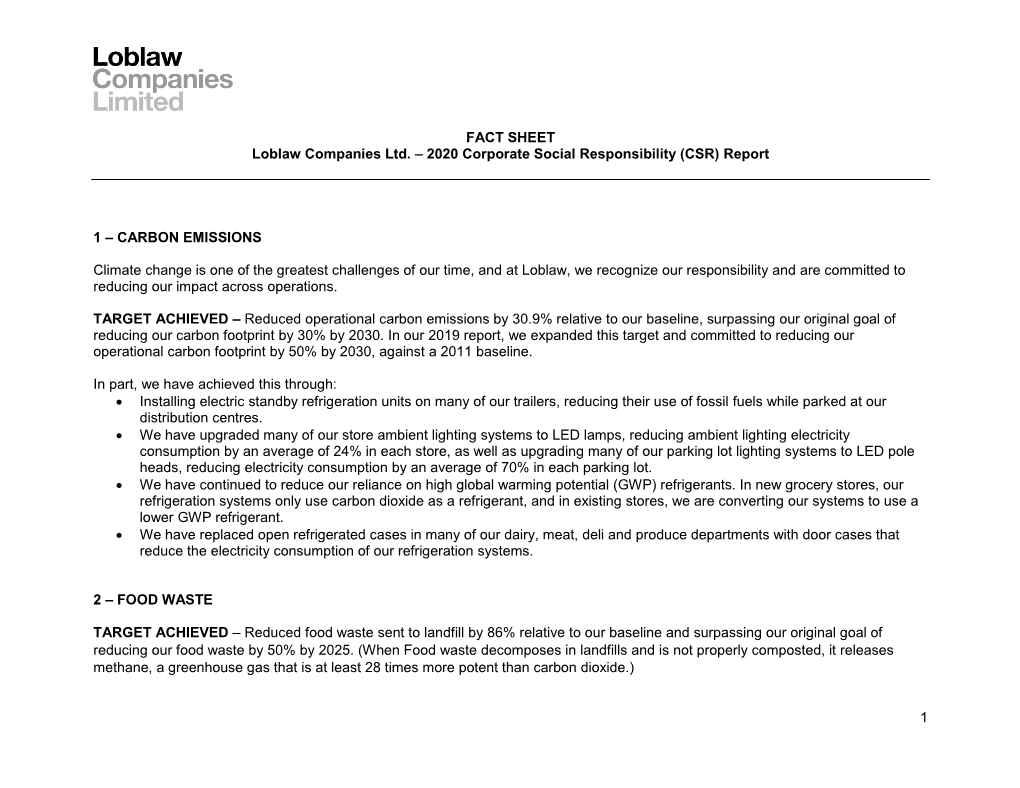 1 FACT SHEET Loblaw Companies Ltd