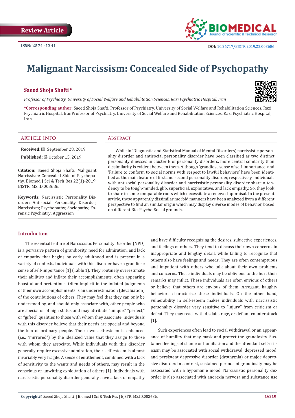 Malignant Narcissism: Concealed Side of Psychopathy