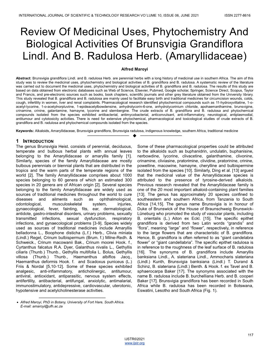 Review of Medicinal Uses, Phytochemistry and Biological Activities of Brunsvigia Grandiflora Lindl