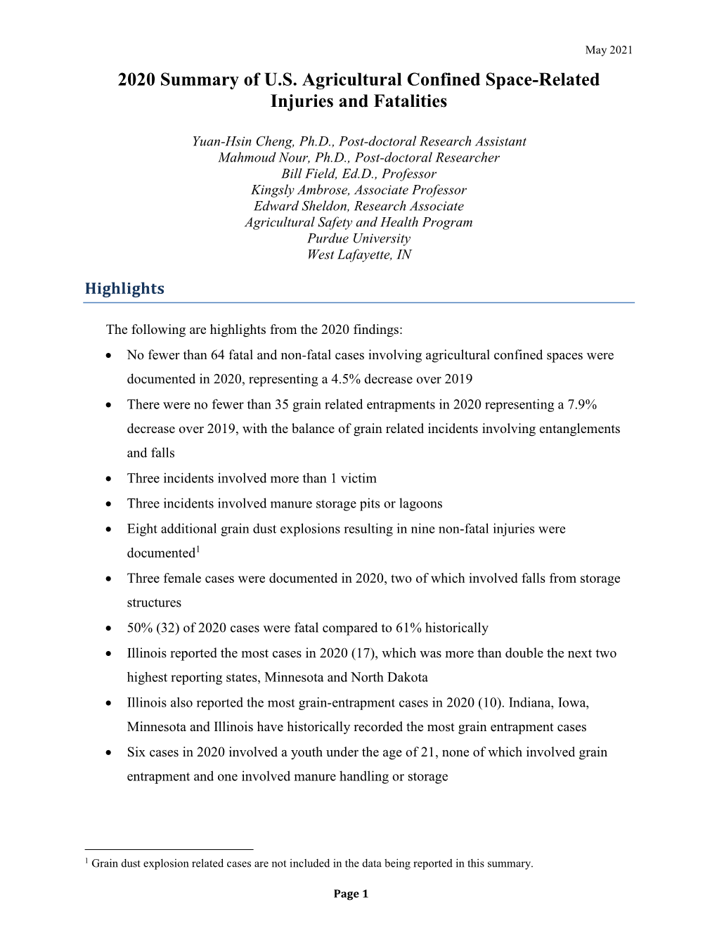 2020 Summary of U.S. Agricultural Confined Space-Related Injuries and Fatalities