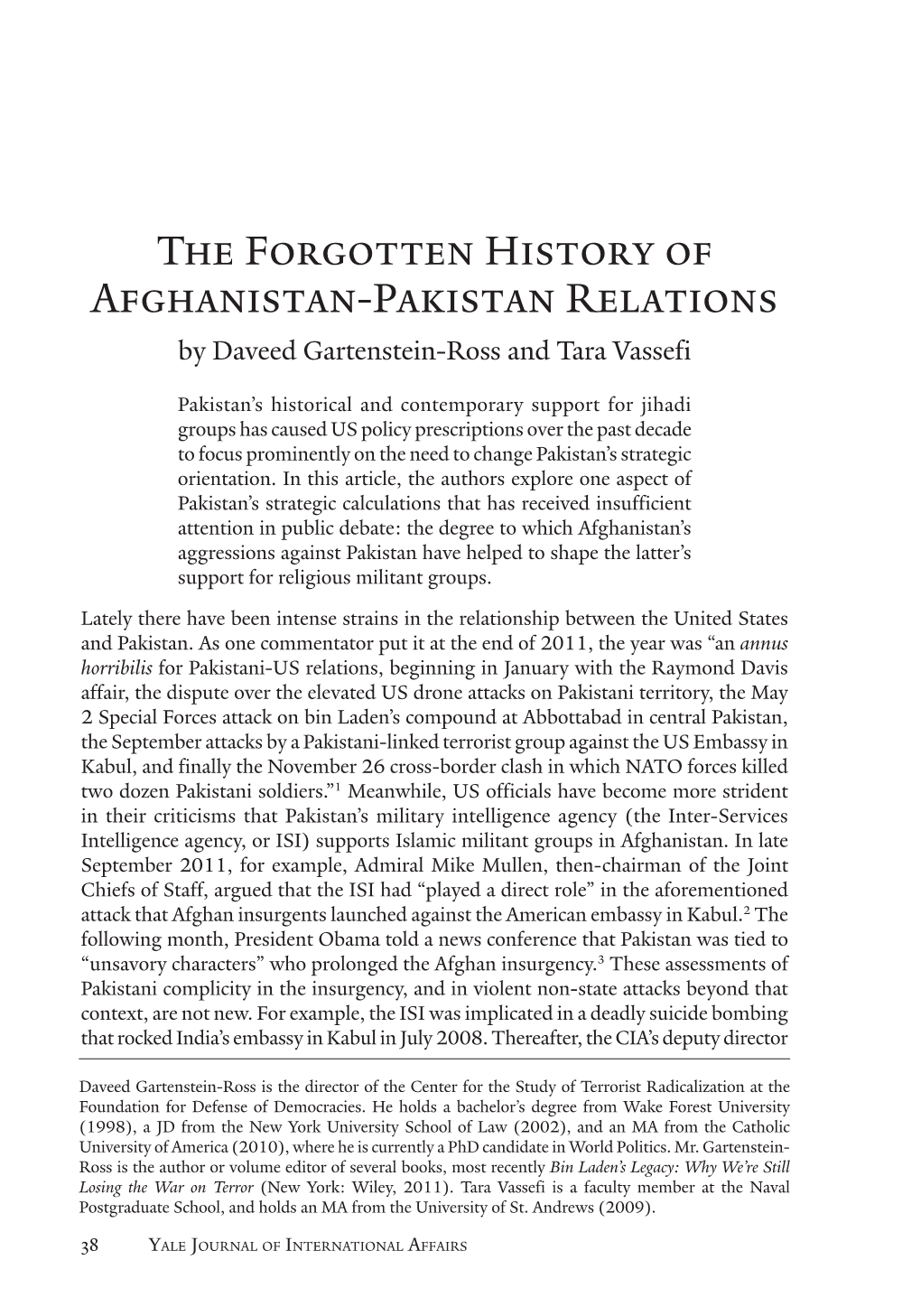 The Forgotten History of Afghanistan-Pakistan Relations by Daveed Gartenstein-Ross and Tara Vassefi