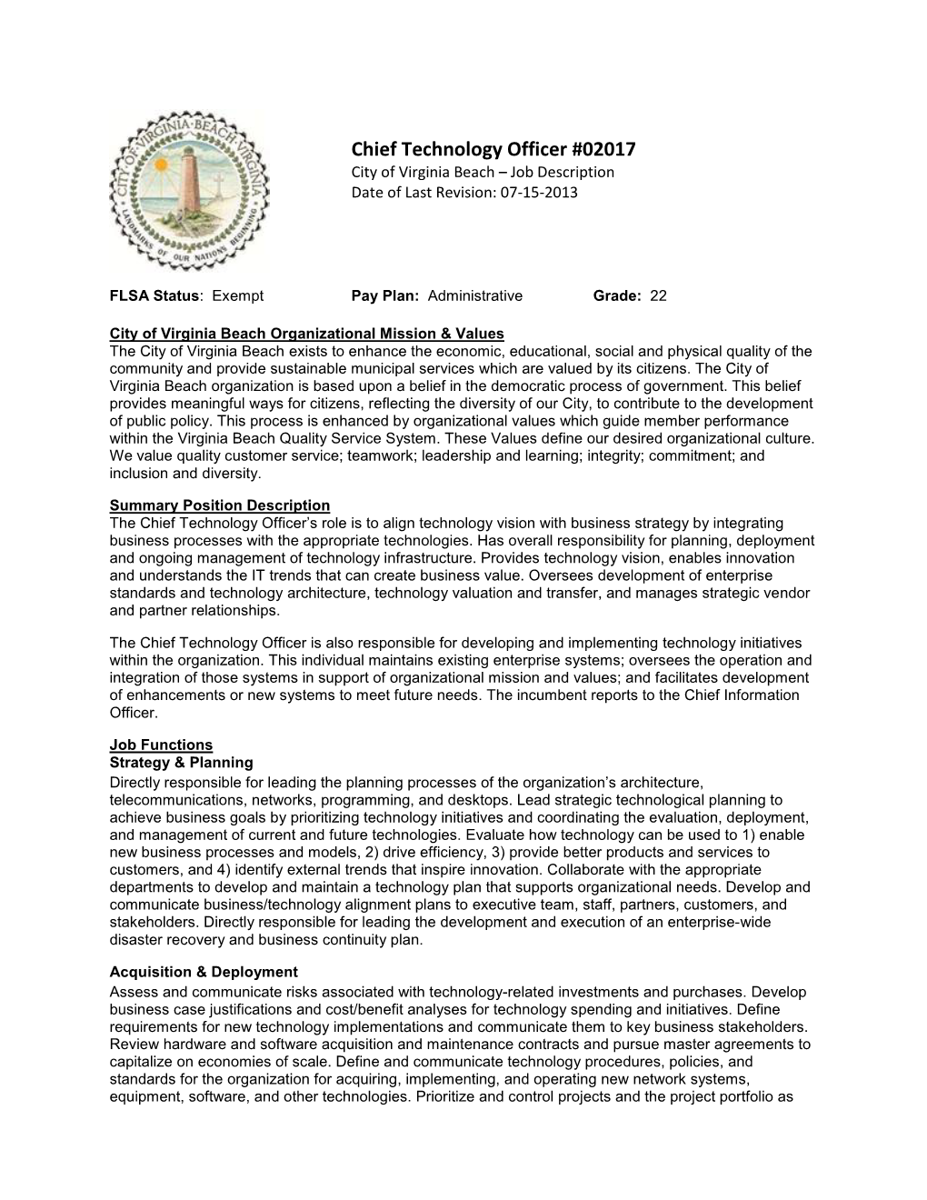 Chief Technology Officer #02017 City of Virginia Beach – Job Description Date of Last Revision: 07-15-2013