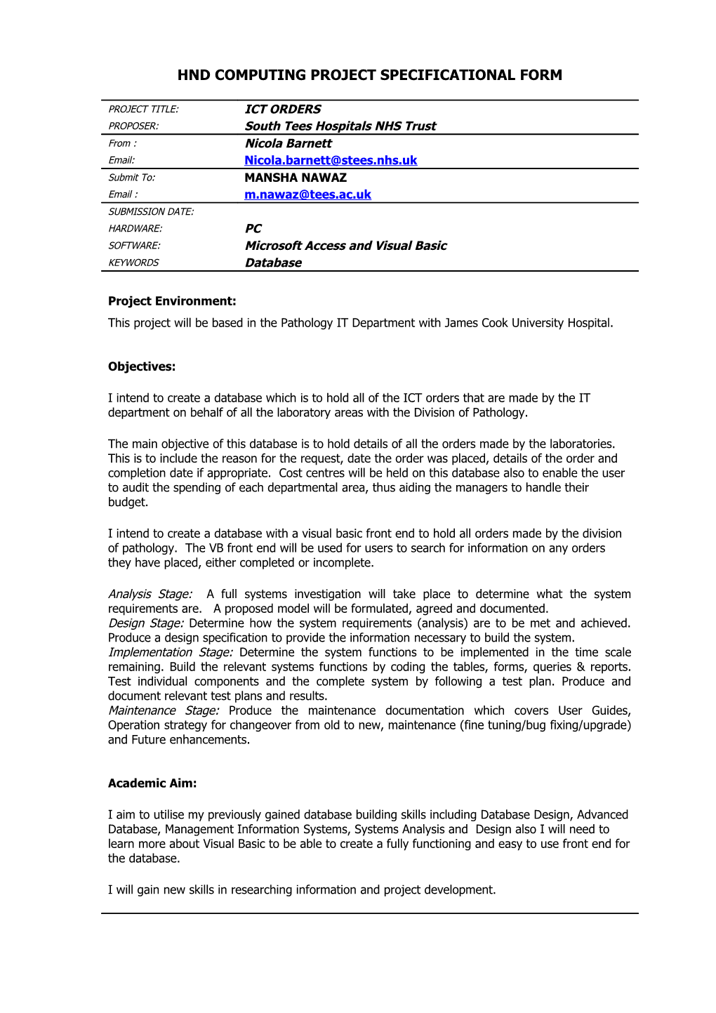 Hnd Computing Project Specificational Form