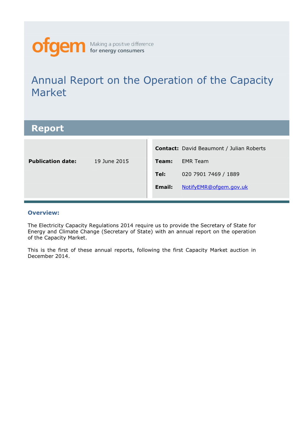Annual Report on the Operation of the Capacity Market