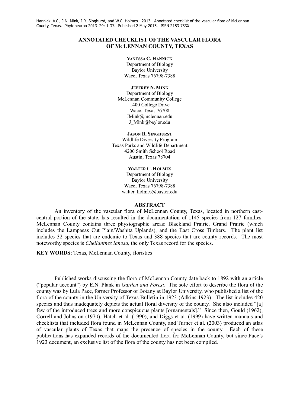 Annotated Checklist of the Vascular Flora of Mclennan County, Texas