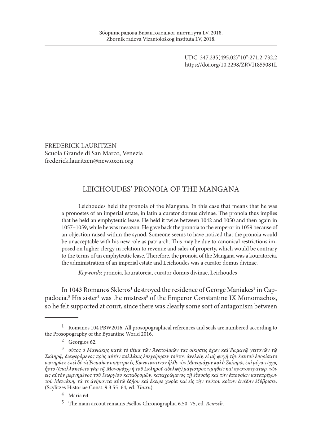 Leichoudes' Pronoia of the Mangana