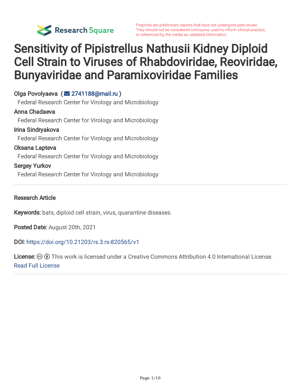 Sensitivity of Pipistrellus Nathusii Kidney Diploid Cell Strain to Viruses of Rhabdoviridae, Reoviridae, Bunyaviridae and Paramixoviridae Families