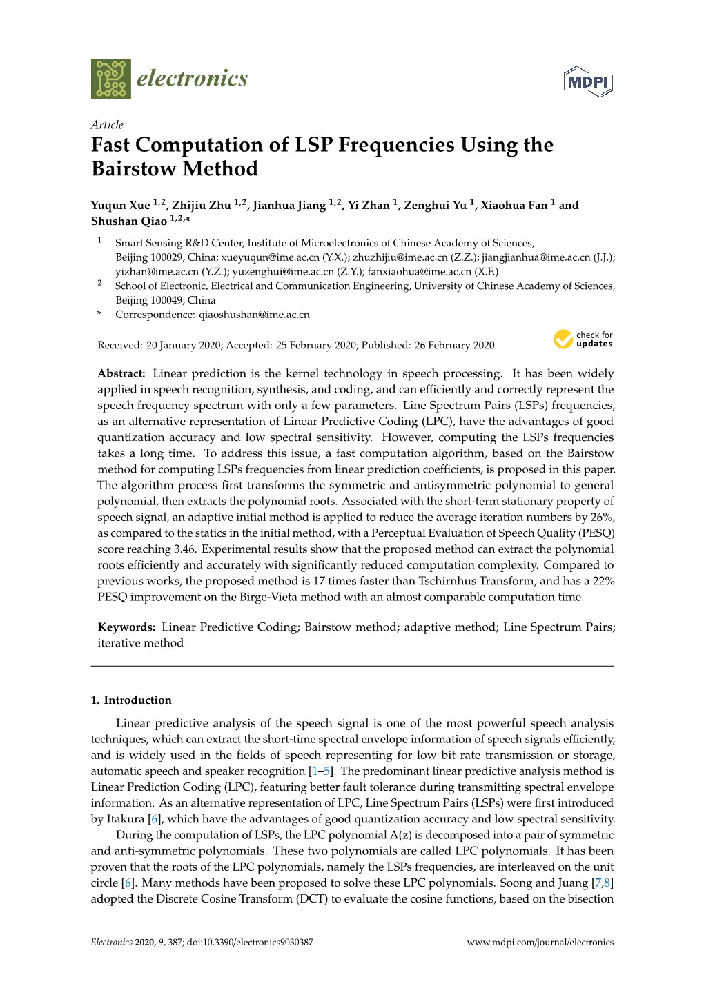 Fast Computation of LSP Frequencies Using the Bairstow Method