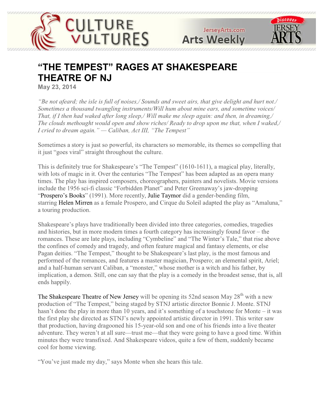 THE TEMPEST” RAGES at SHAKESPEARE THEATRE of NJ May 23, 2014