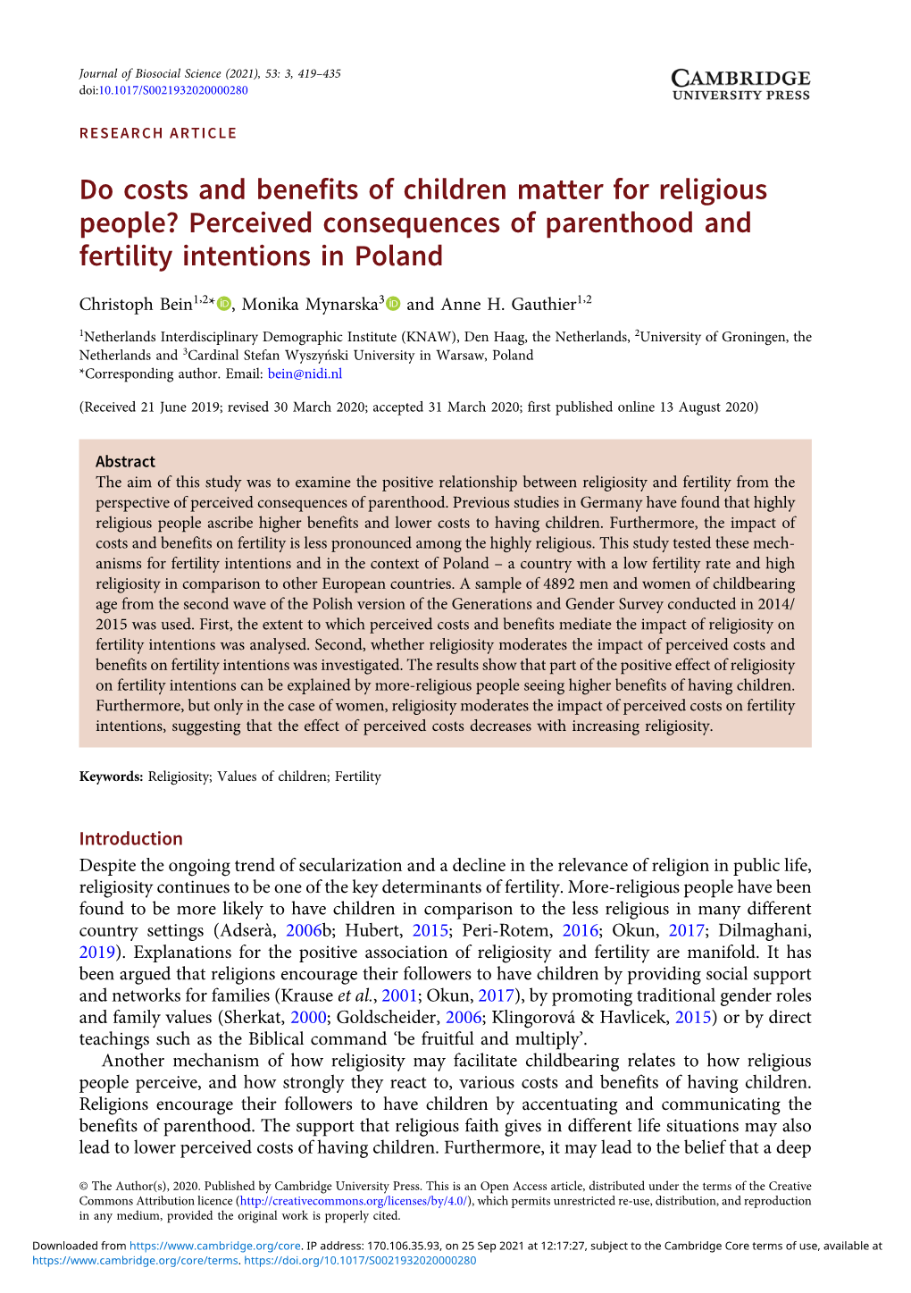 Do Costs and Benefits of Children Matter for Religious People? Perceived Consequences of Parenthood and Fertility Intentions in Poland